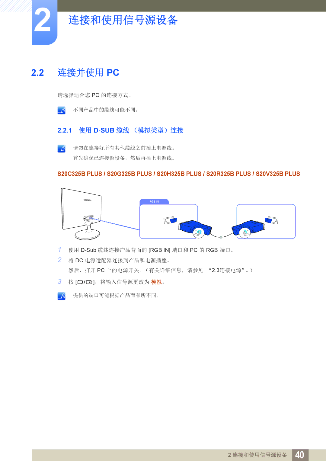 Samsung LS19C150FS/EN, LS22C150NS/EN, LS22B150NS/EN manual 连接并使用 Pc, 1 使用 D-SUB缆线 （模拟类型）连接 