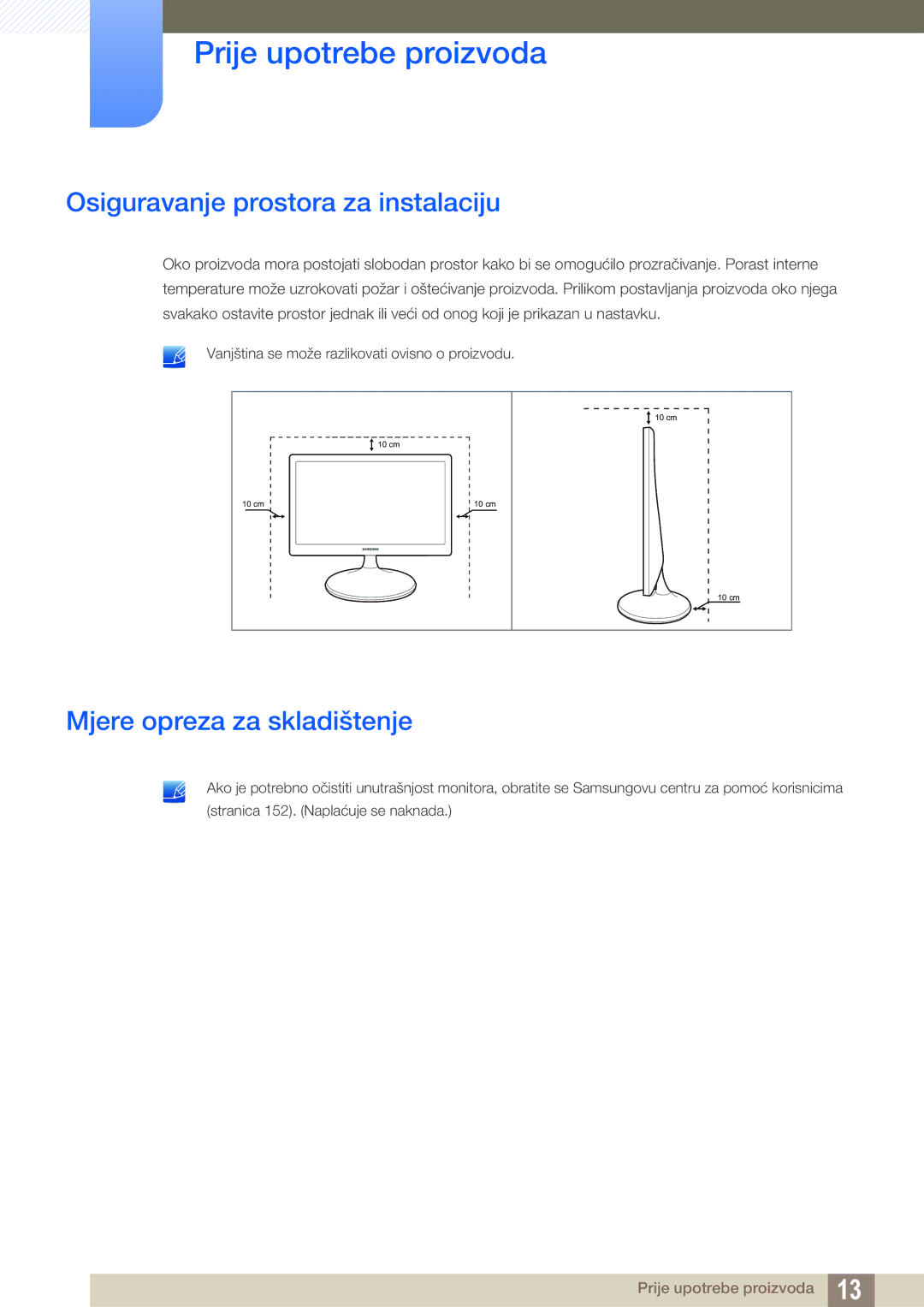 Samsung LS19C150FS/EN, LS22C150NS/EN, LS22B150NS/EN manual Osiguravanje prostora za instalaciju, Mjere opreza za skladištenje 