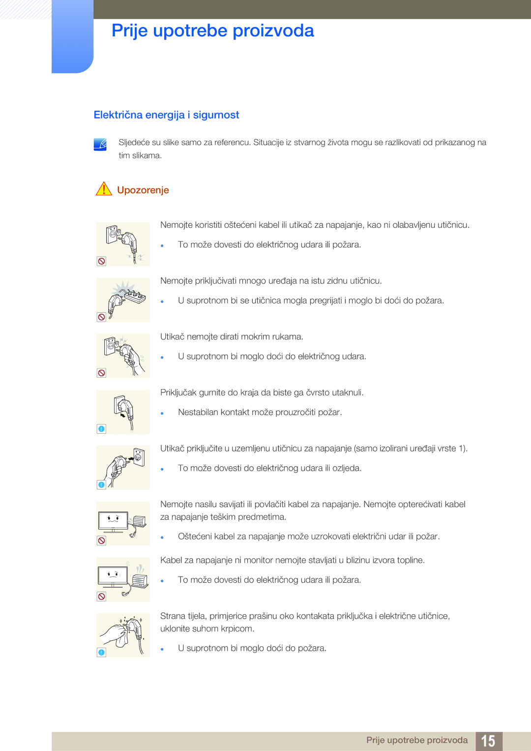 Samsung LS22C150NS/EN, LS19C150FS/EN, LS22B150NS/EN manual Električna energija i sigurnost, Upozorenje 