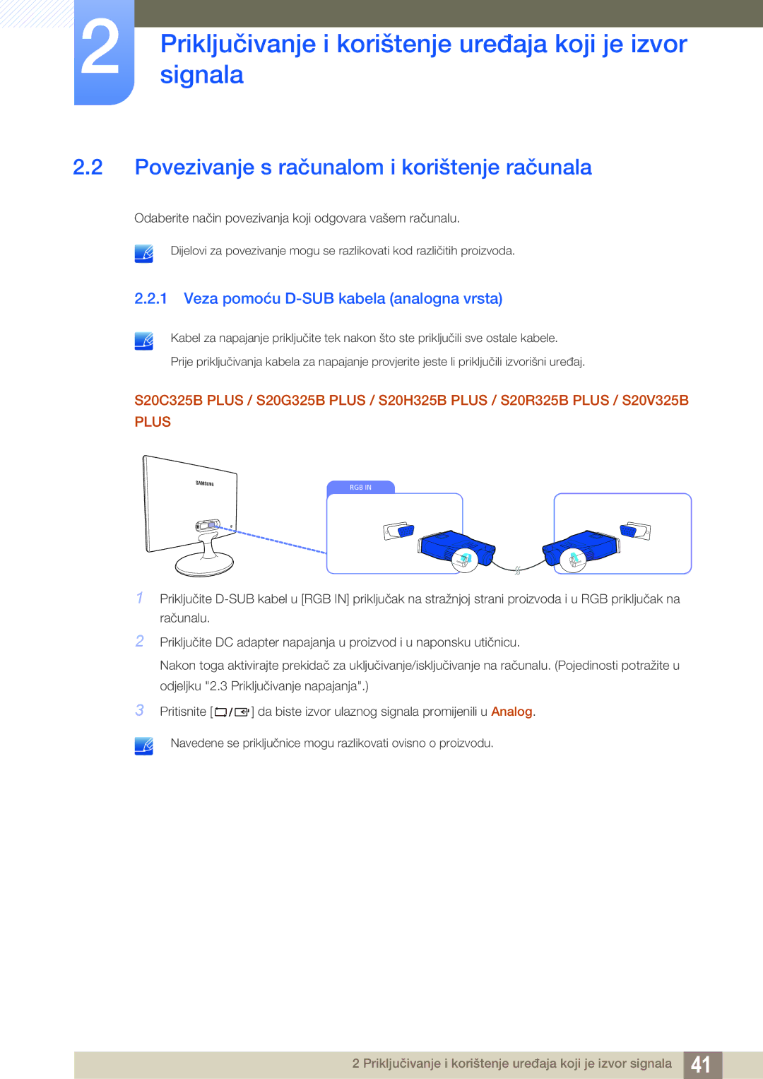 Samsung LS22B150NS/EN manual Povezivanje s računalom i korištenje računala, Veza pomoću D-SUB kabela analogna vrsta 