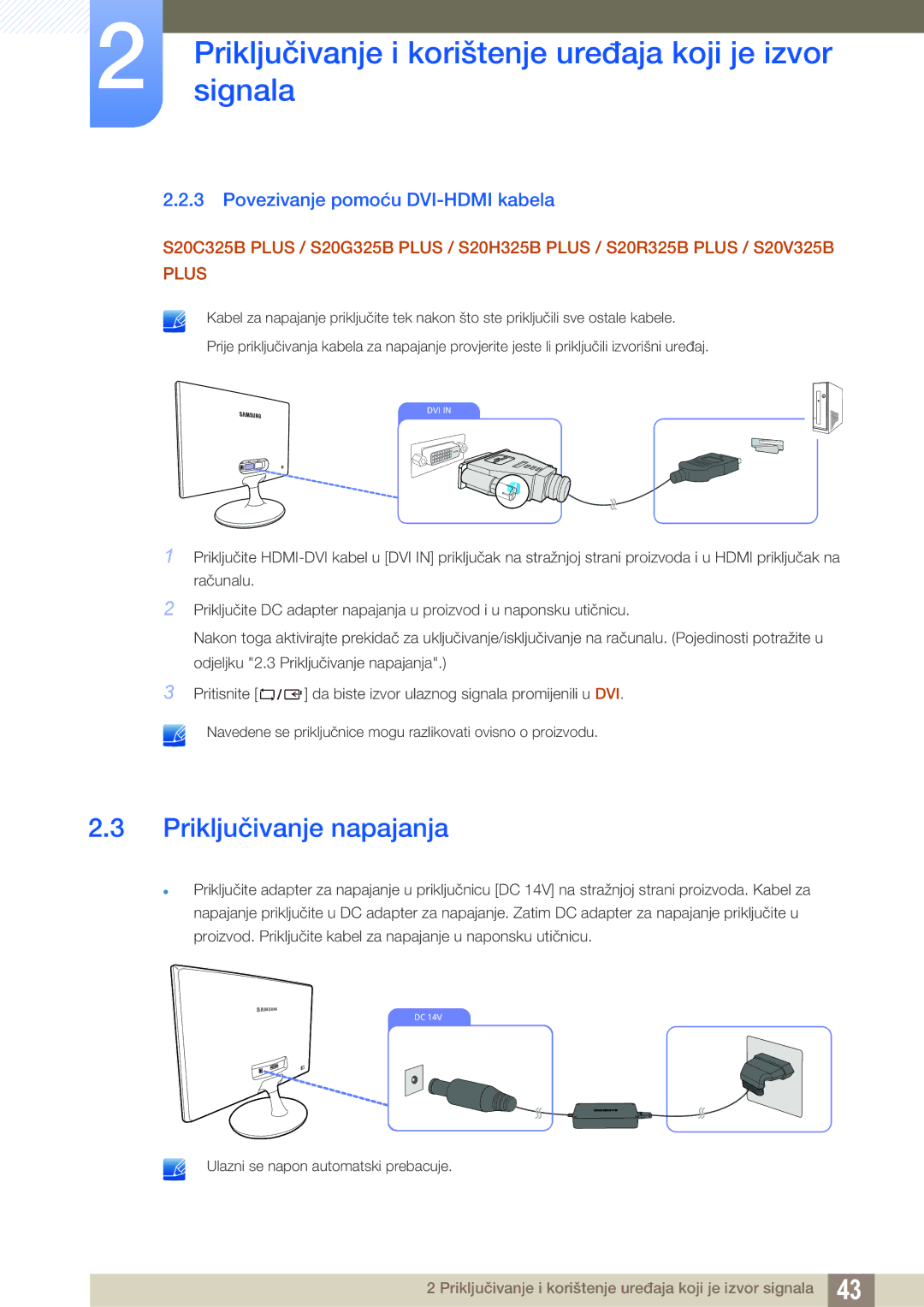 Samsung LS19C150FS/EN, LS22C150NS/EN, LS22B150NS/EN manual Priključivanje napajanja, Povezivanje pomoću DVI-HDMI kabela 