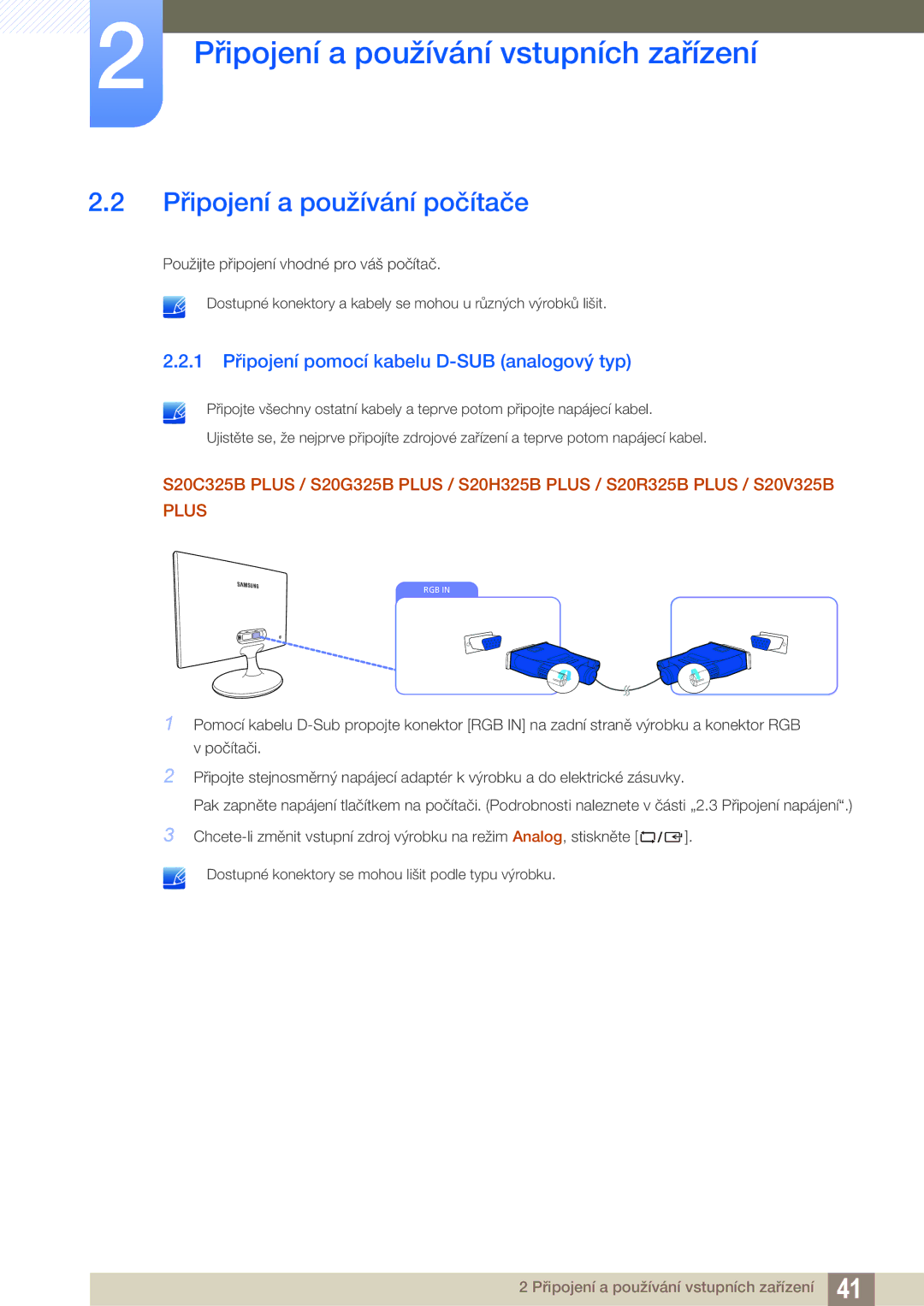 Samsung LS22B150NS/EN, LS22C150NS/EN manual Připojení a používání počítače, 1 Připojení pomocí kabelu D-SUB analogový typ 