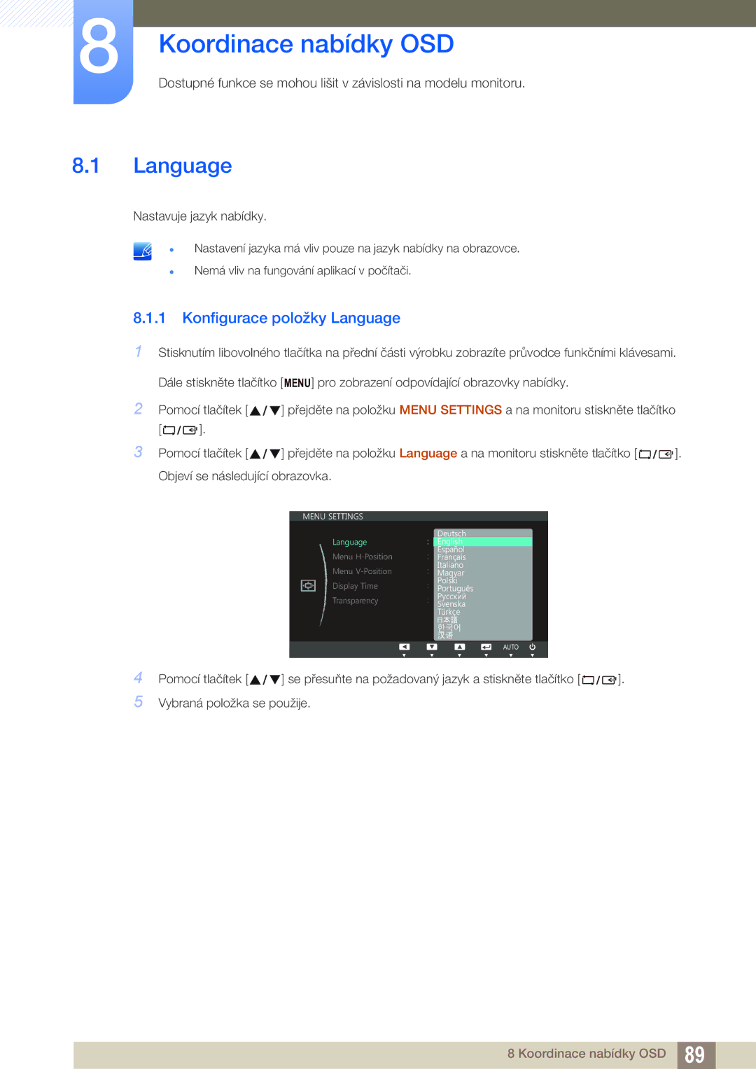 Samsung LS22B150NS/EN, LS22C150NS/EN manual Koordinace nabídky OSD, Konfigurace položky Language 
