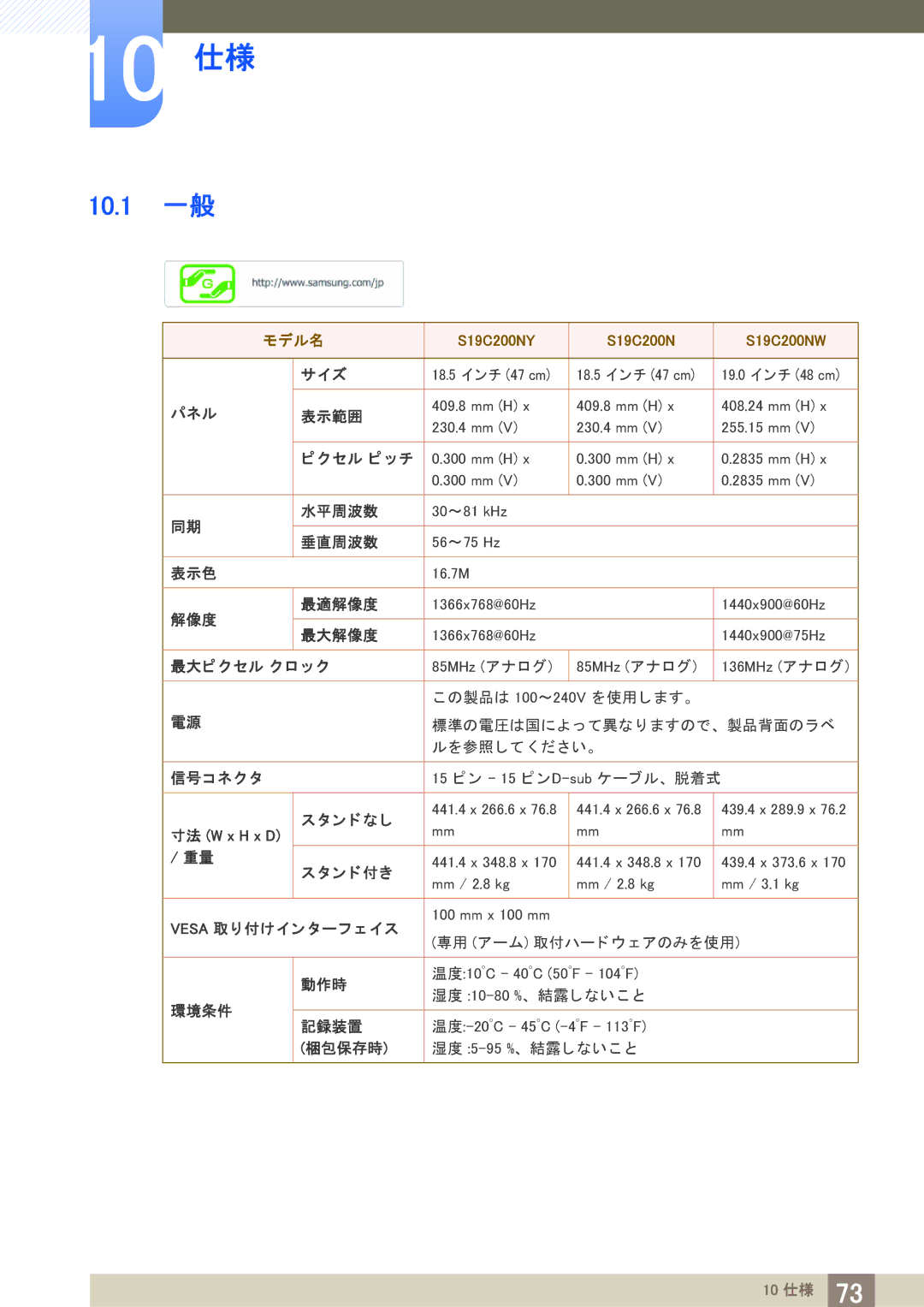 Samsung LS19C20KBRV/XJ, LS22C20KBSV/XJ, LS23C20KBSV/XJ manual 10 仕様, 10.1 一般 