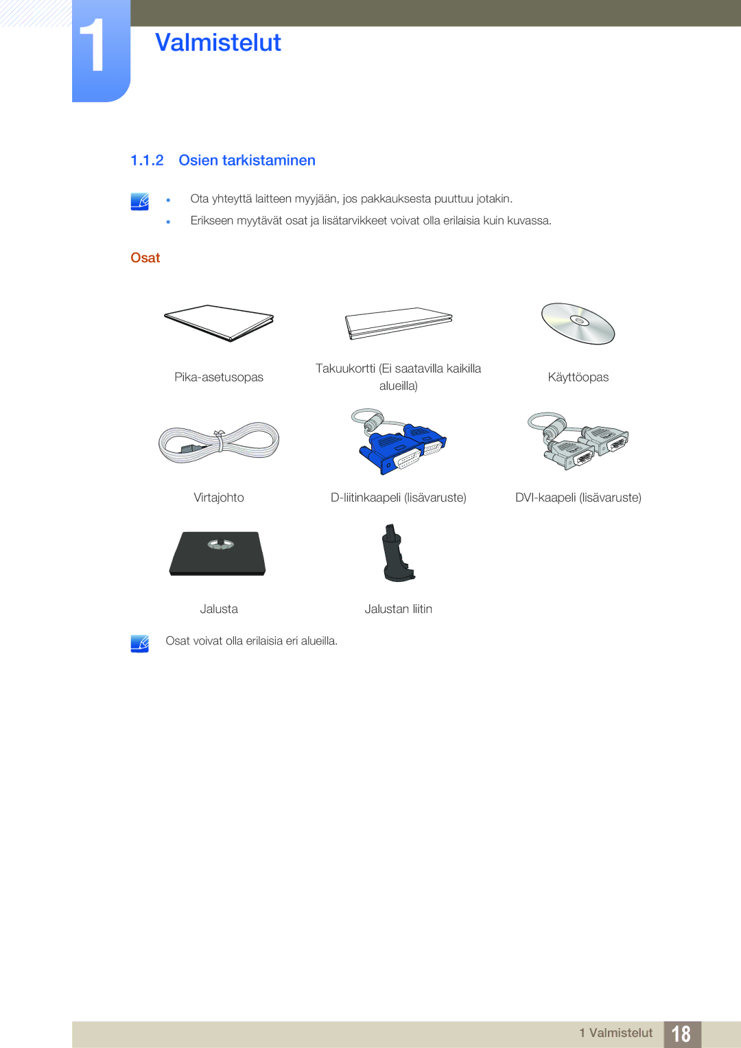 Samsung LS24C20KBL/EN, LS22C20KBSZ/EN, LS19C20KNW/EN, LS22C20KBS/EN manual Osien tarkistaminen, Osat 