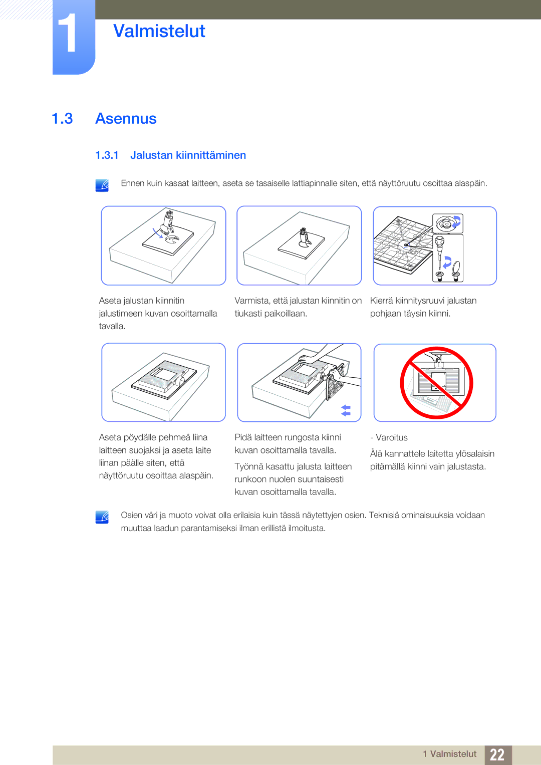 Samsung LS24C20KBL/EN, LS22C20KBSZ/EN, LS19C20KNW/EN, LS22C20KBS/EN manual Asennus, Jalustan kiinnittäminen 