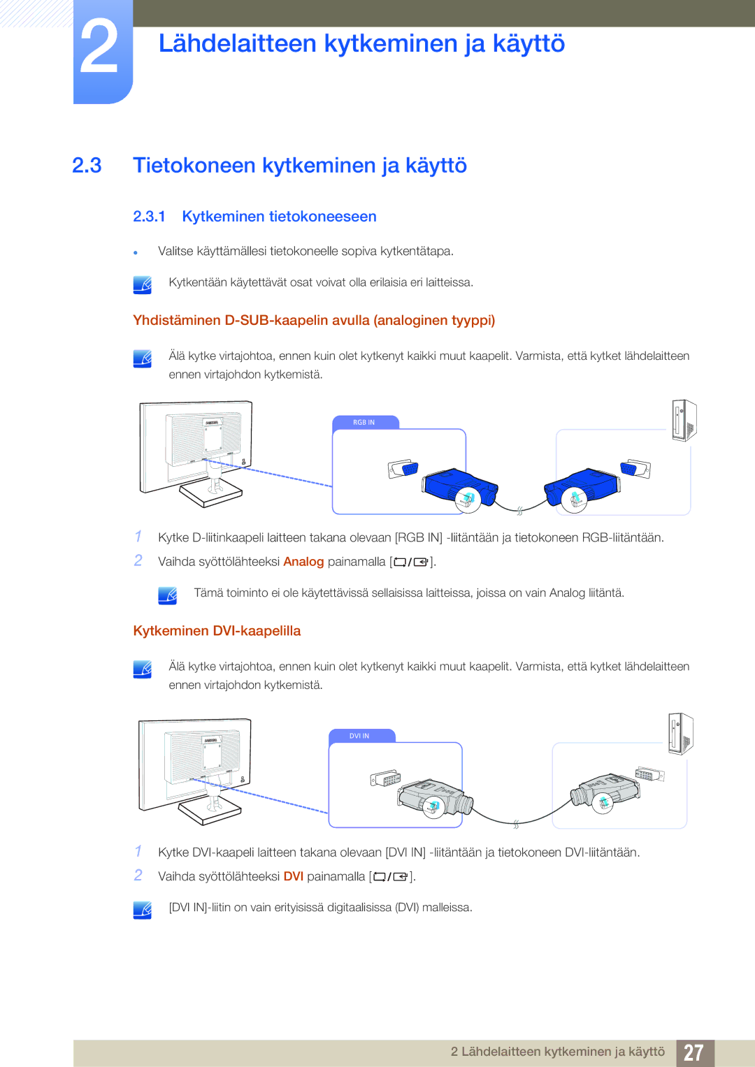 Samsung LS22C20KBS/EN, LS22C20KBSZ/EN, LS19C20KNW/EN manual Tietokoneen kytkeminen ja käyttö, Kytkeminen tietokoneeseen 