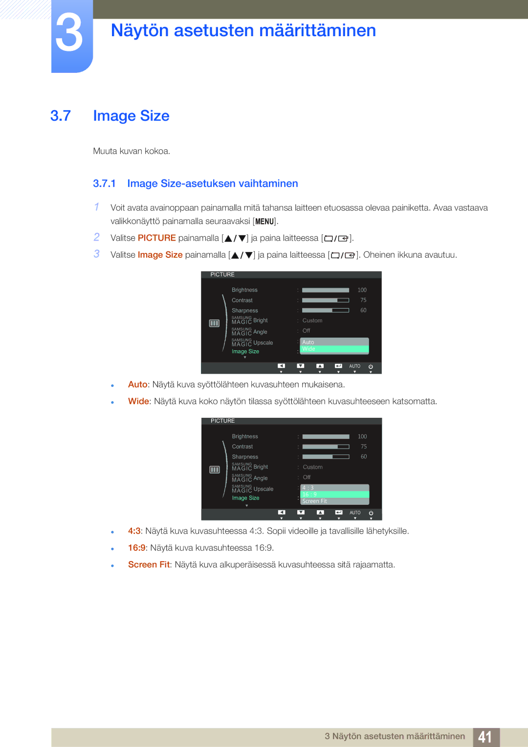 Samsung LS19C20KNW/EN, LS22C20KBSZ/EN, LS24C20KBL/EN, LS22C20KBS/EN manual Image Size-asetuksen vaihtaminen 