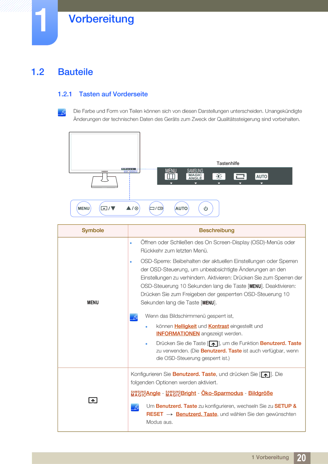 Samsung LS22C20KBSZ/EN, LS19C20KNY/EN, LS24C20KBL/EN, LS22C20KBS/EN Bauteile, Tasten auf Vorderseite, Symbole Beschreibung 