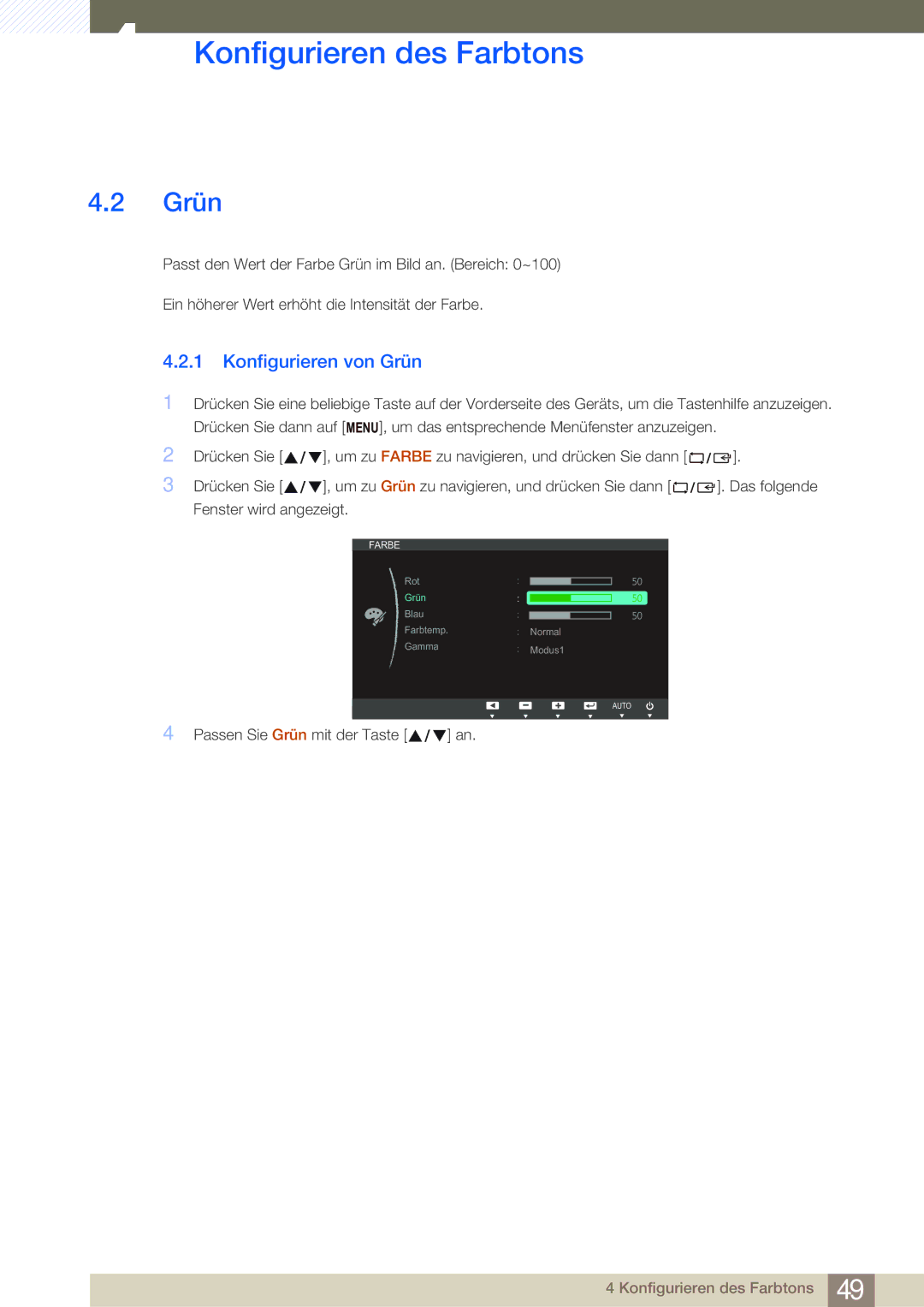 Samsung LS19C20KNY/EN, LS22C20KBSZ/EN, LS24C20KBL/EN, LS22C20KBS/EN manual Konfigurieren von Grün 