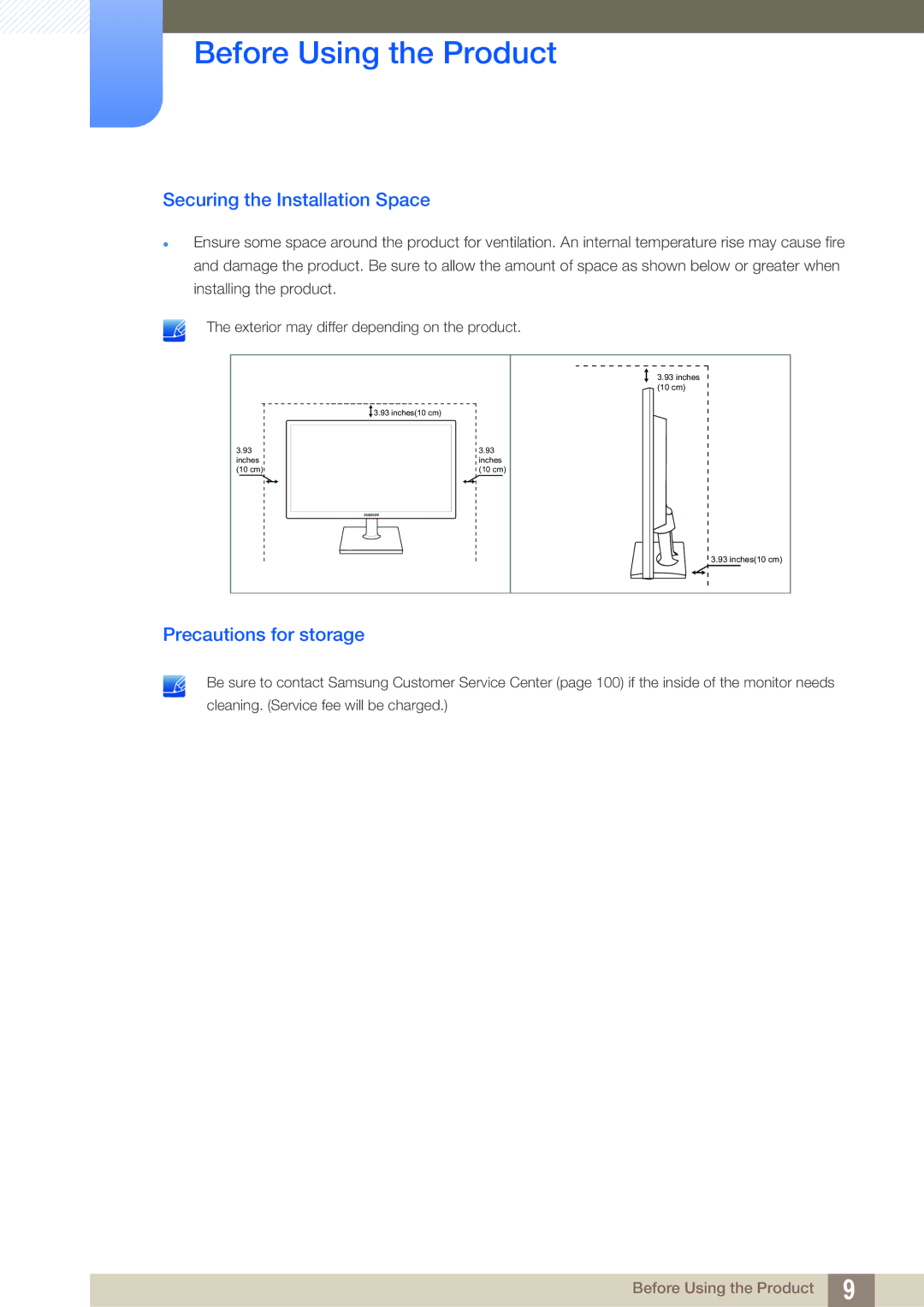 Samsung LS23C20KBS/EN, LS22C20KBSZ/EN, LS22C20KBSV/XJ manual Securing the Installation Space, Precautions for storage 