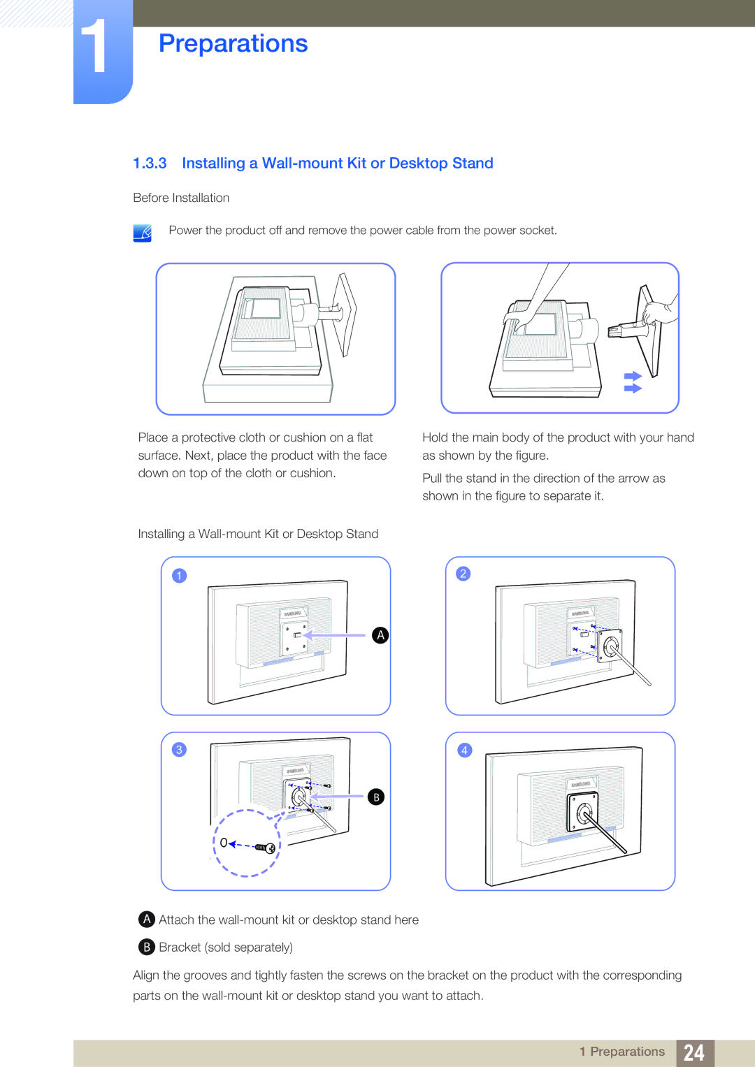 Samsung LS22C20KBW/CI, LS22C20KBSZ/EN, LS22C20KBSV/XJ, LS19C20KBRV/XJ manual Installing a Wall-mount Kit or Desktop Stand 