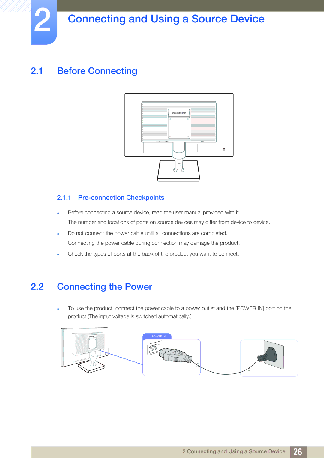 Samsung LS20C20KBS/CI, LS22C20KBSZ/EN manual Connecting and Using a Source Device, Before Connecting, Connecting the Power 