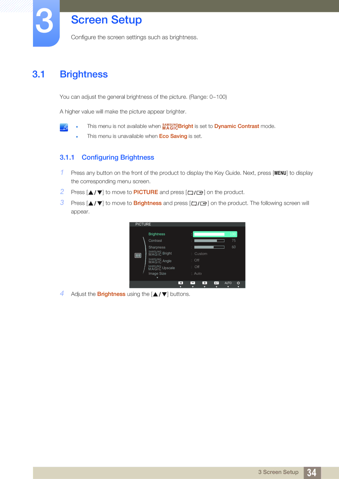 Samsung LS23C20KBSV/XJ, LS22C20KBSZ/EN, LS22C20KBSV/XJ, LS19C20KBRV/XJ manual Screen Setup, Configuring Brightness 