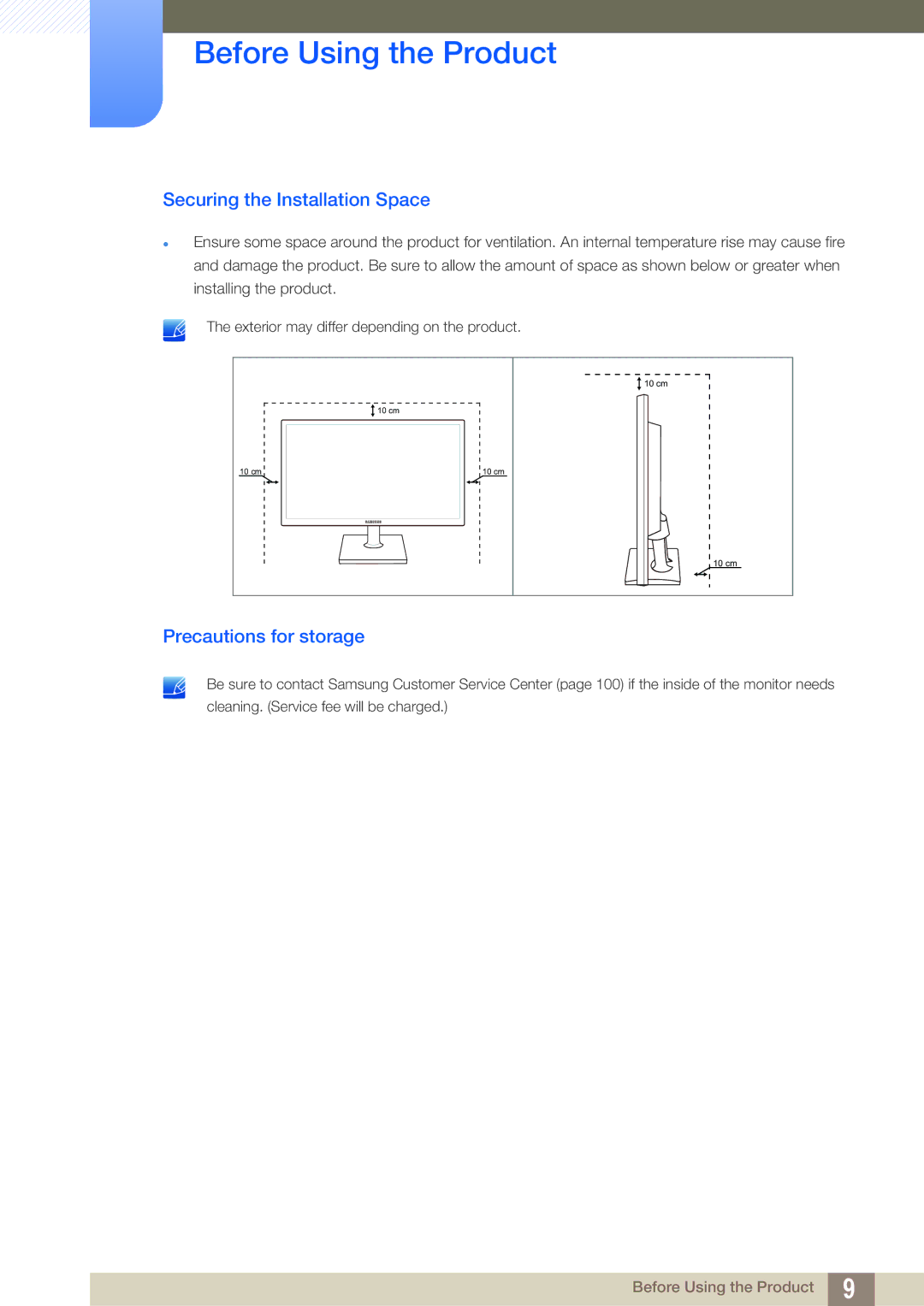 Samsung LS23C20KBS/EN, LS22C20KBSZ/EN, LS22C20KBSV/XJ manual Securing the Installation Space, Precautions for storage 