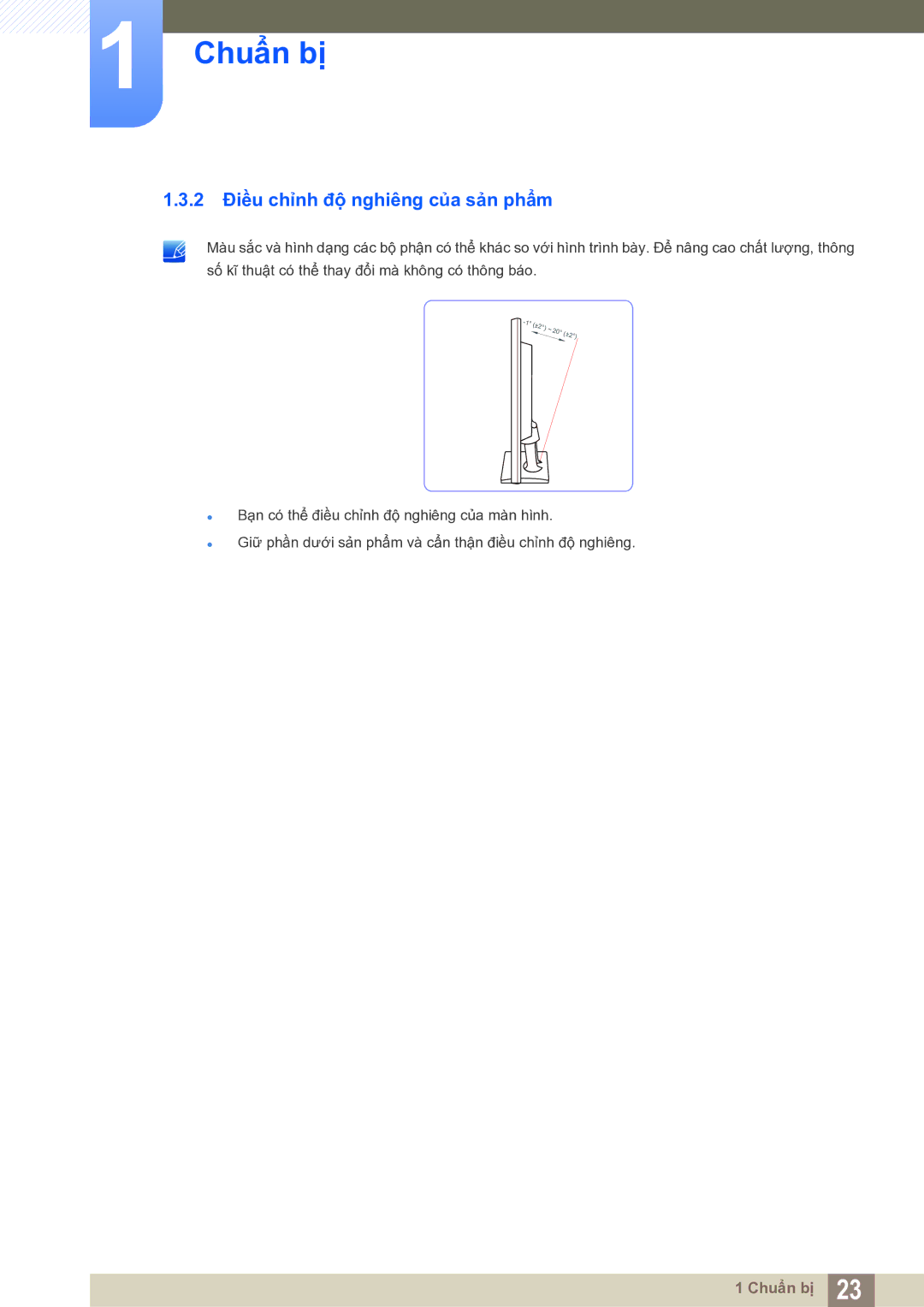 Samsung LS22C20KNY/XV manual 2 Điều chỉnh độ nghiêng của sản phẩm 