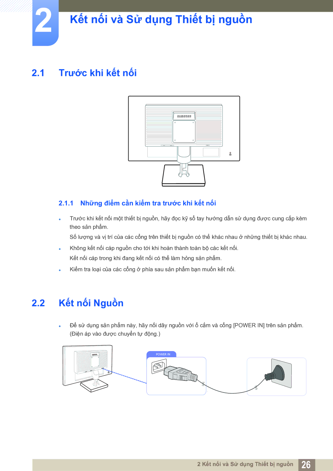 Samsung LS22C20KNY/XV manual Kết nối và Sử dụng Thiết bị nguồn, Trước khi kết nối, Kết nối Nguồn 