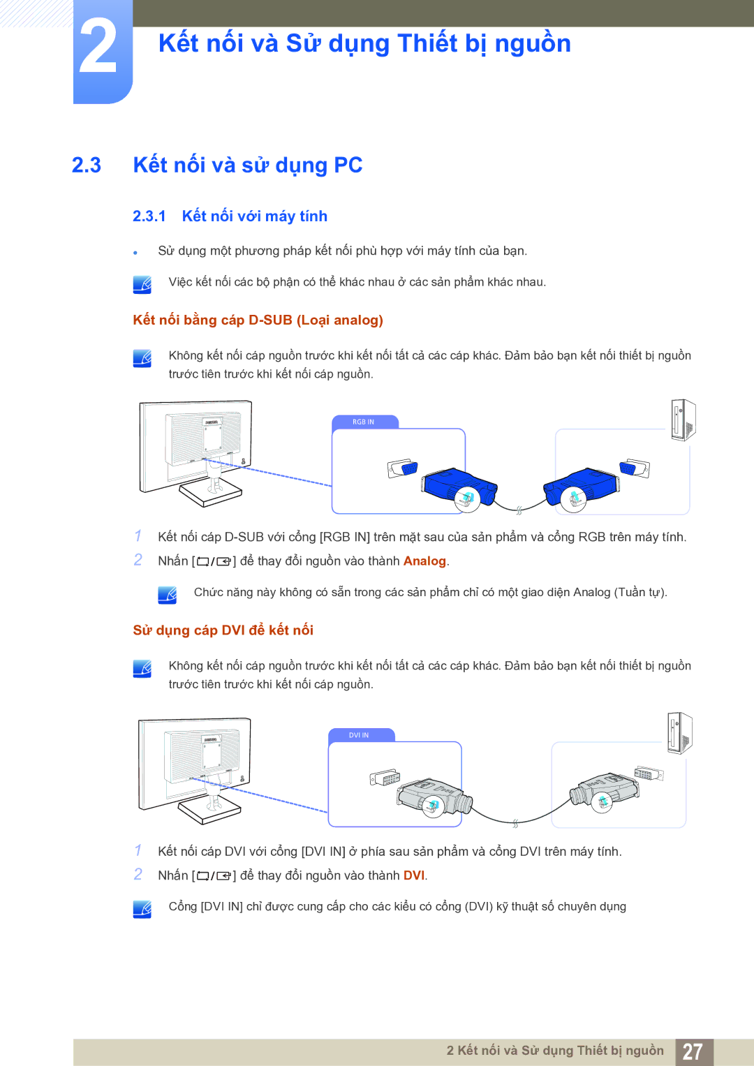 Samsung LS22C20KNY/XV manual Kết nối và sử dụng PC, 1 Kết nối với máy tính 