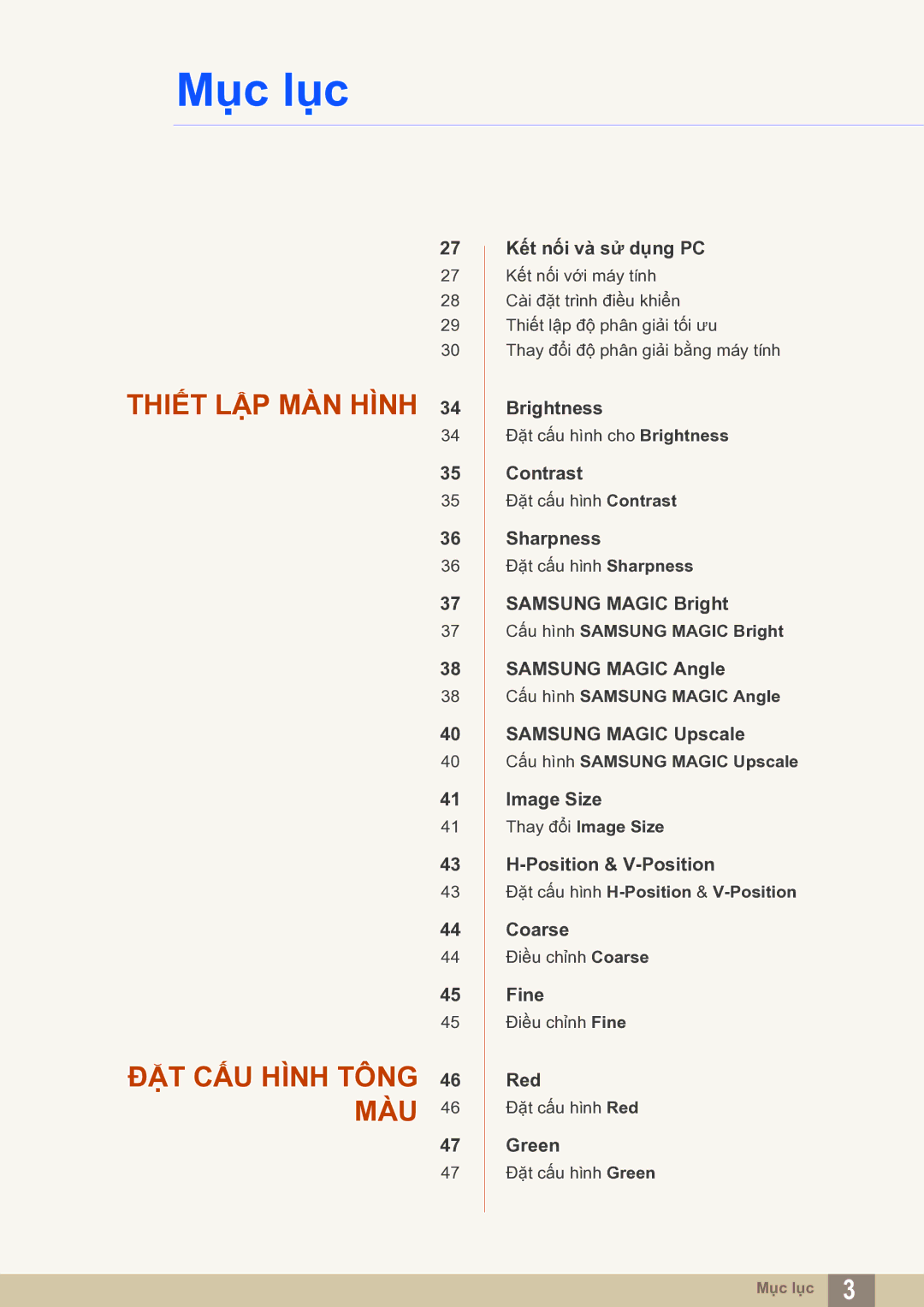 Samsung LS22C20KNY/XV manual Thiết LẬP MÀN Hình ĐẶT CẤU Hình Tông MÀU 