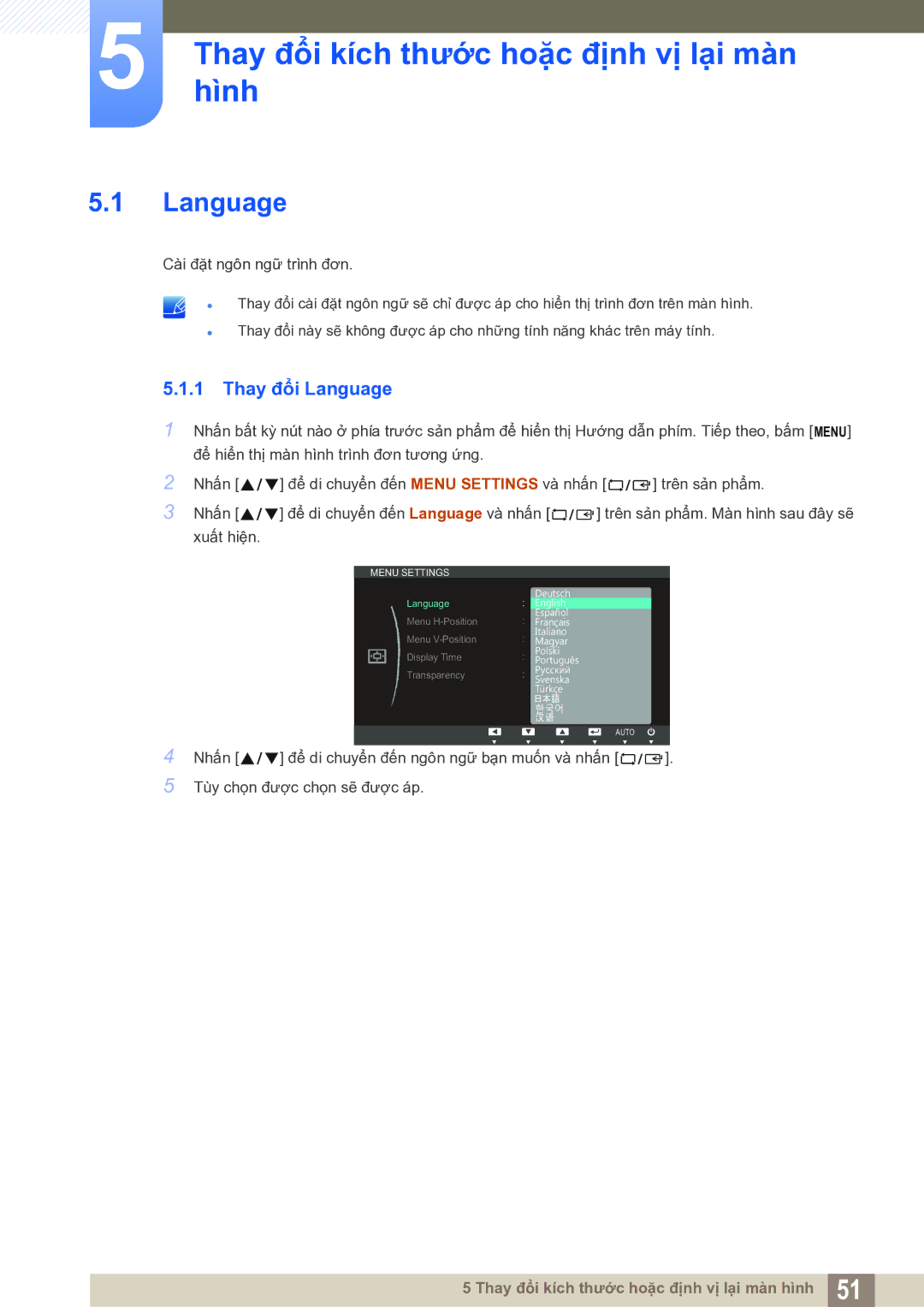 Samsung LS22C20KNY/XV manual Thayhình đổi kích thước hoặc định vị lại màn, Thay đổi Language 