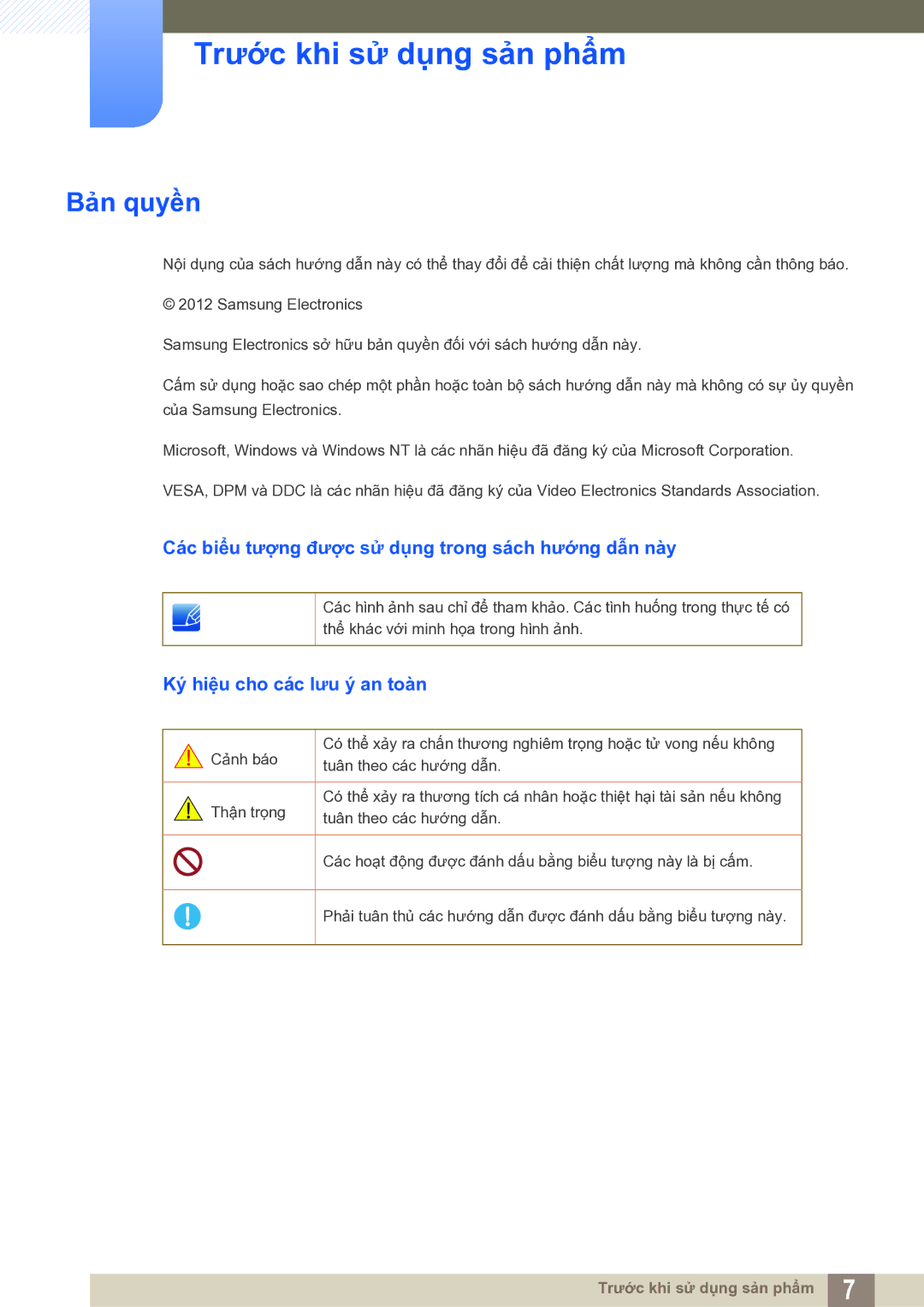 Samsung LS22C20KNY/XV manual Trước khi sử dụng sản phẩm, Bản quyền, Các biểu tượng được sử dụng trong sách hướng dẫn này 