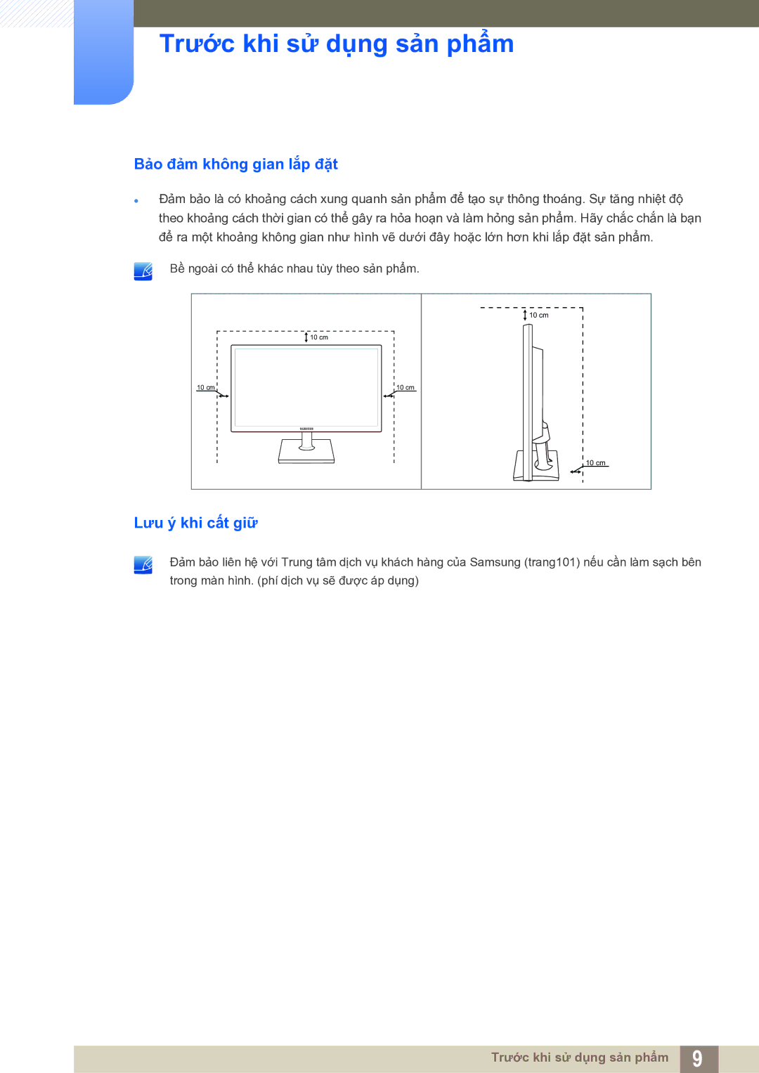 Samsung LS22C20KNY/XV manual Bảo đảm không gian lắp đặt, Lưu ý khi cất giữ 