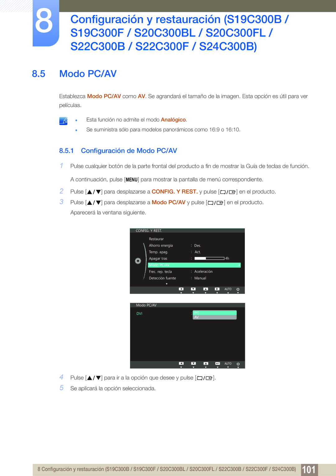 Samsung LS20C300BL/EN, LS22C300BS/EN, LS24C300HS/EN, LS22C300HS/EN, LS24B300HL/EN manual Configuración de Modo PC/AV 