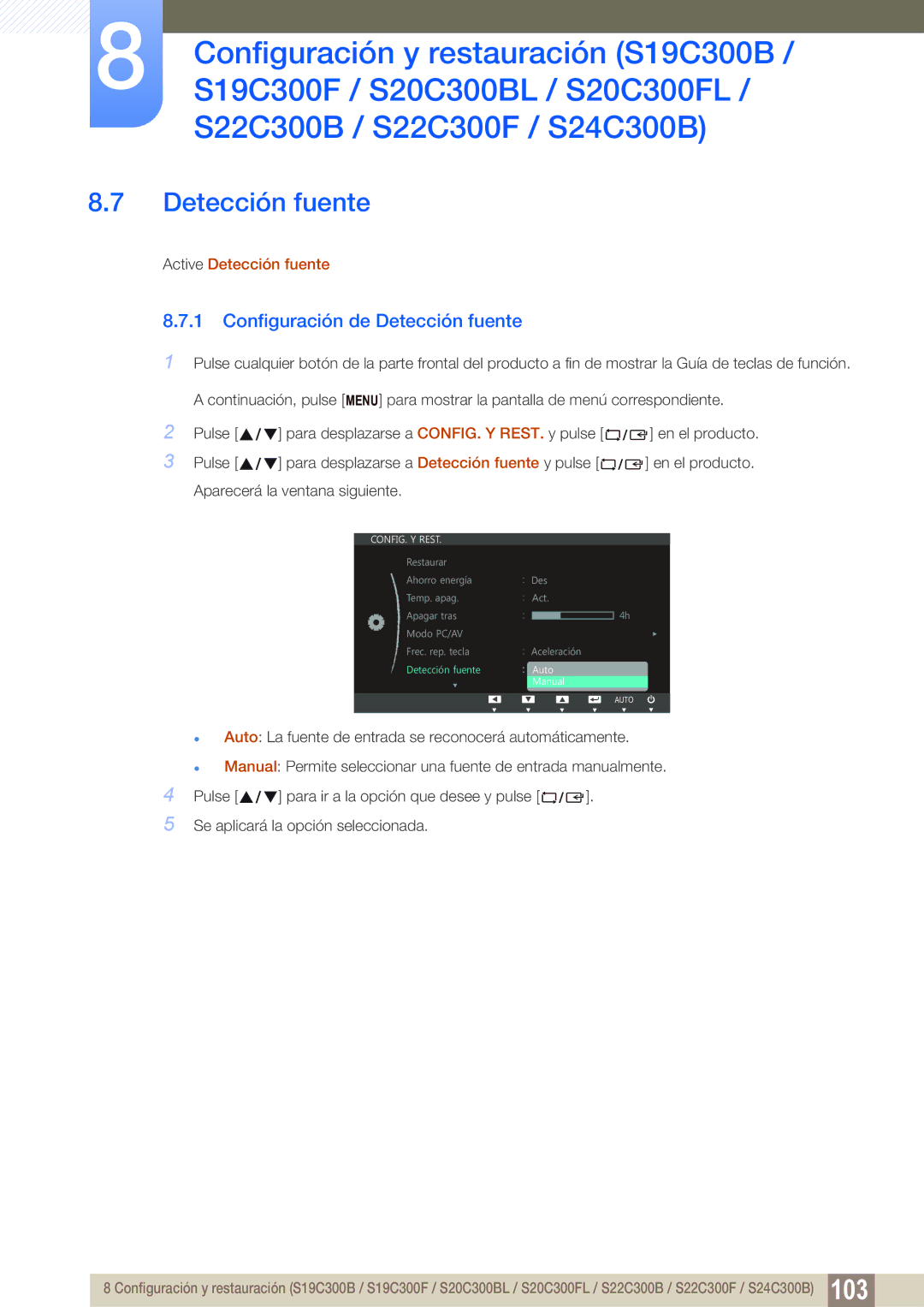 Samsung LS22C300HS/EN, LS22C300BS/EN, LS20C300BL/EN, LS24C300HS/EN, LS24B300HL/EN manual Configuración de Detección fuente 