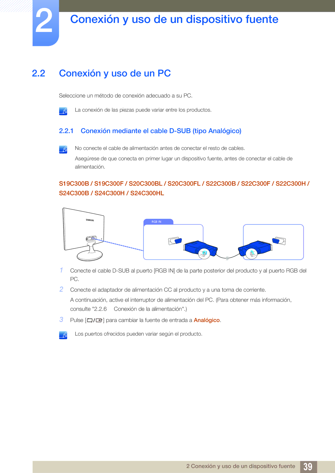 Samsung LS24B300HL/EN, LS22C300BS/EN manual Conexión y uso de un PC, Conexión mediante el cable D-SUB tipo Analógico 