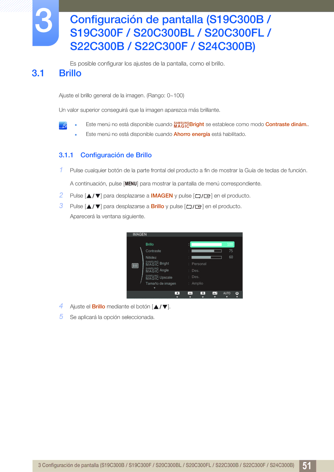 Samsung LS20C300BL/EN, LS22C300BS/EN, LS24C300HS/EN, LS22C300HS/EN, LS24B300HL/EN manual Configuración de Brillo 