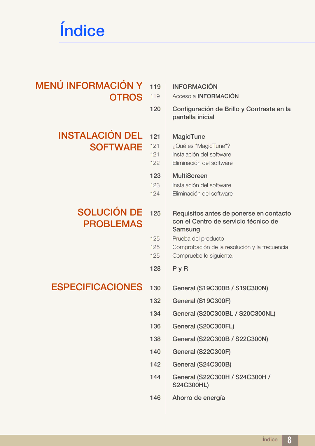 Samsung LS22C300HS/EN, LS22C300BS/EN, LS20C300BL/EN, LS24C300HS/EN, LS24B300HL/EN manual Menú Información Y 119 Otros 