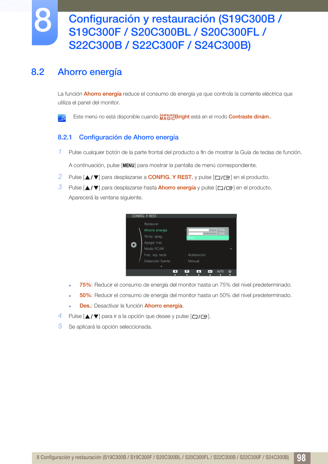 Samsung LS22C300HS/EN, LS22C300BS/EN, LS20C300BL/EN, LS24C300HS/EN, LS24B300HL/EN manual Configuración de Ahorro energía 