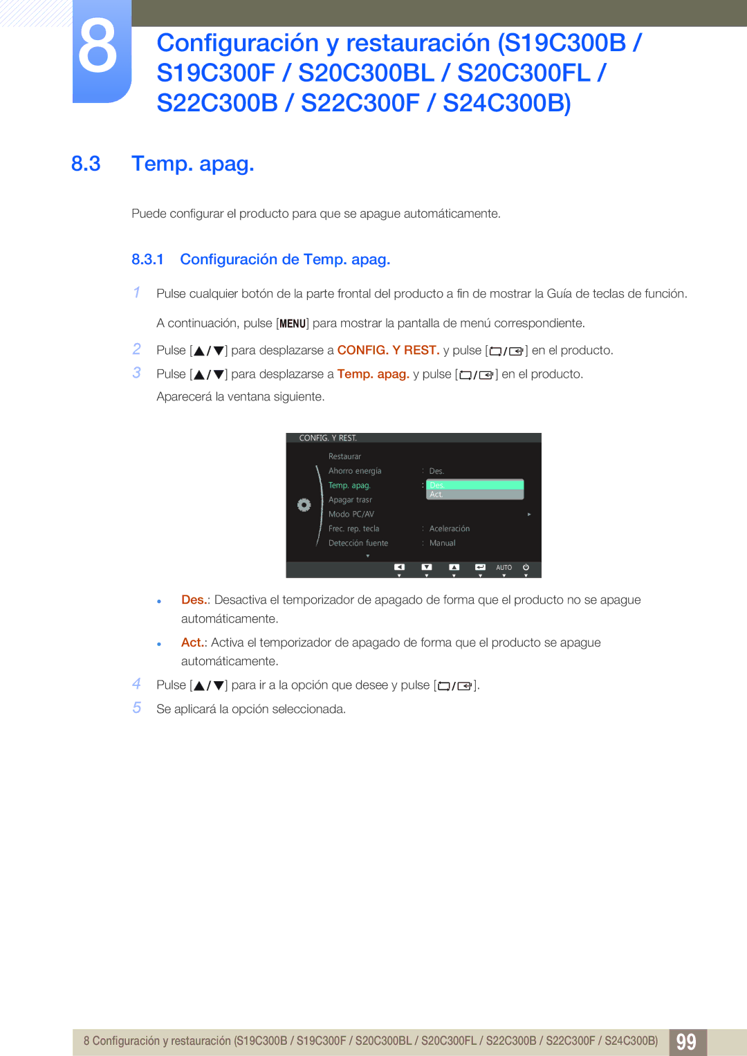 Samsung LS24B300HL/EN, LS22C300BS/EN, LS20C300BL/EN, LS24C300HS/EN, LS22C300HS/EN manual Configuración de Temp. apag 