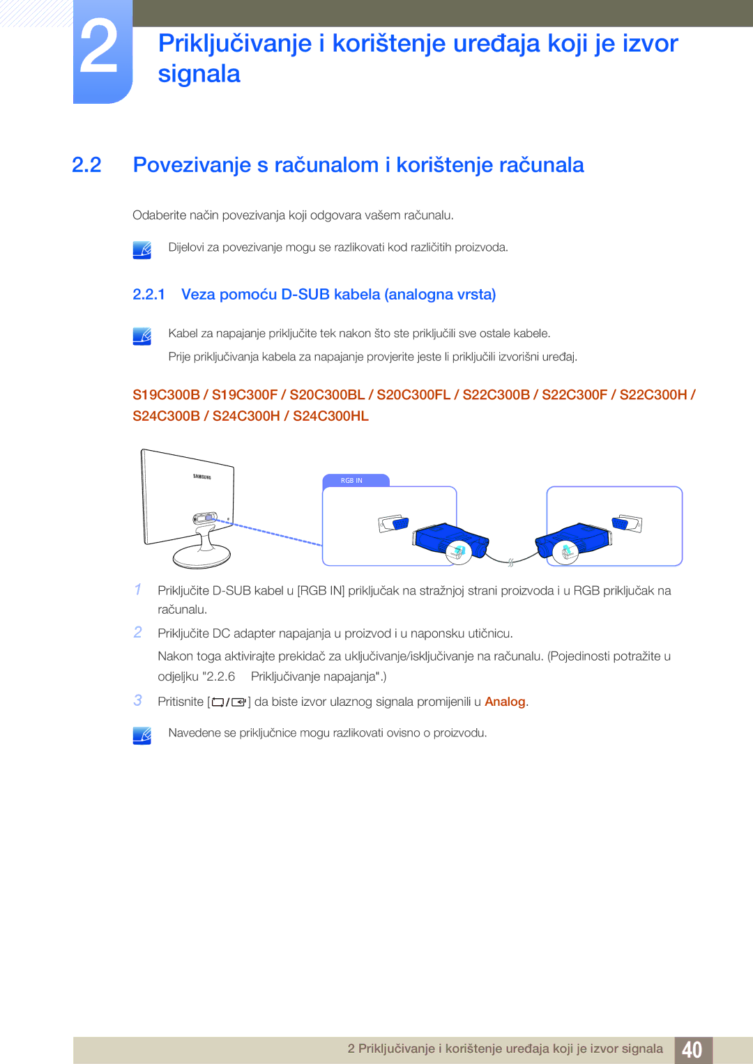 Samsung LS22C300BS/EN manual Povezivanje s računalom i korištenje računala, Veza pomoću D-SUB kabela analogna vrsta 