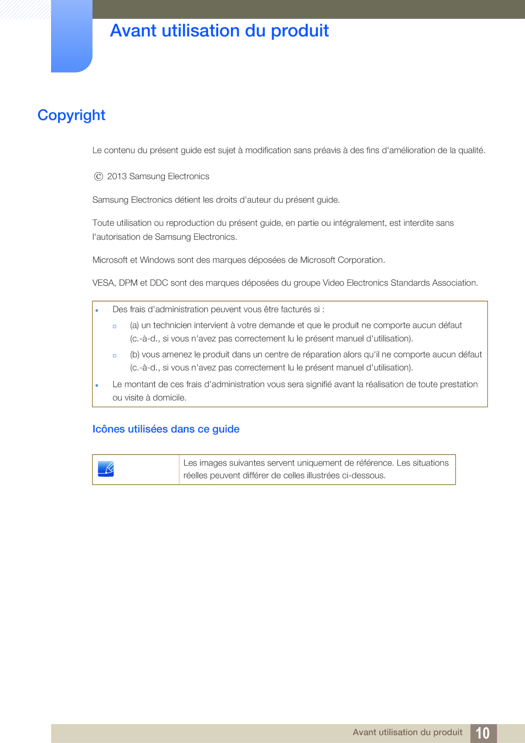 Samsung LS22C300HS/EN, LS22C300BS/EN, LS24B300HLZ/EN, LS20C300BL/EN, LS24C300HS/EN Copyright, Icônes utilisées dans ce guide 