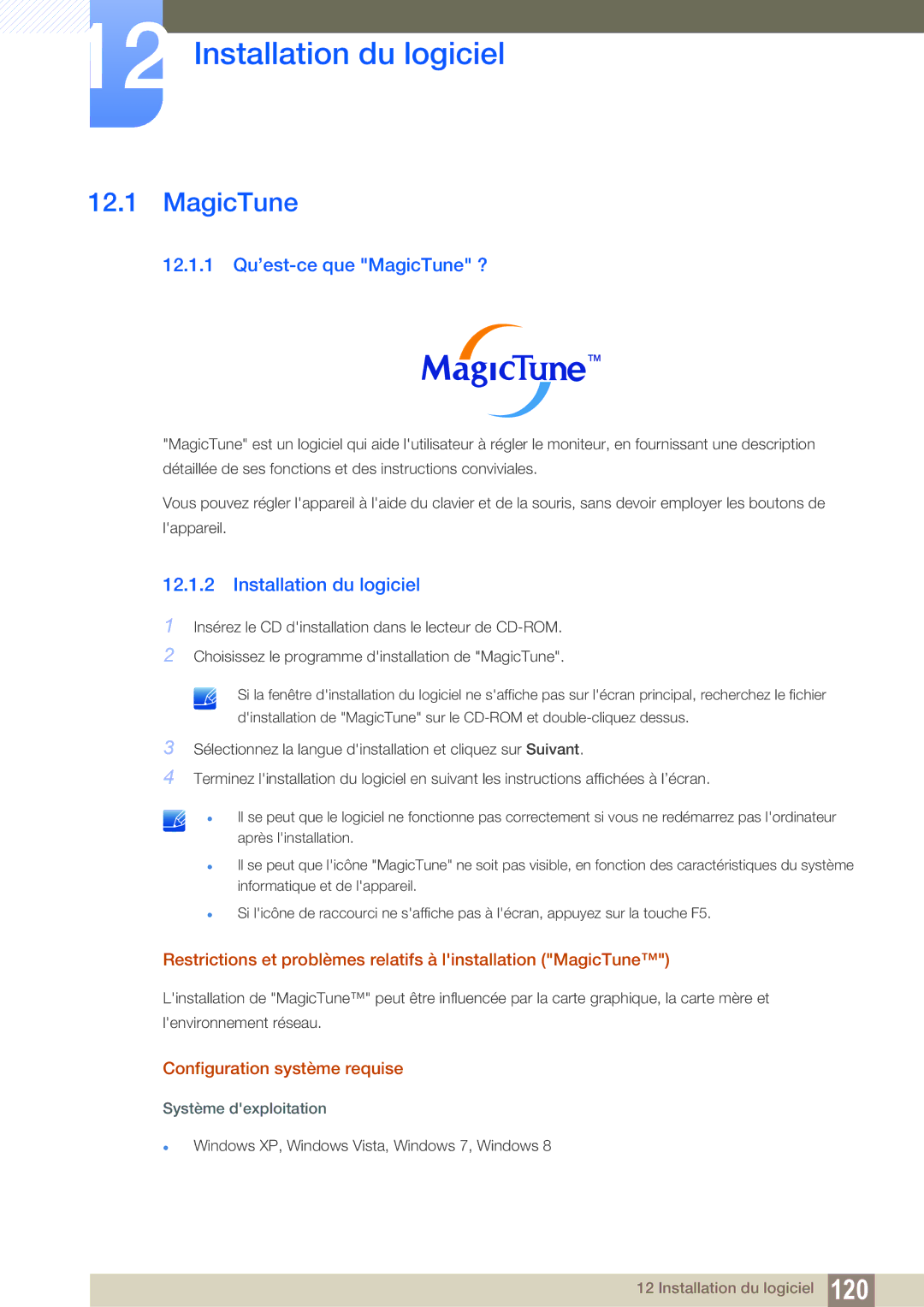 Samsung LS22C300BS/EN, LS24B300HLZ/EN, LS20C300BL/EN manual 12.1.1 Qu’est-ce que MagicTune ?, Installation du logiciel 