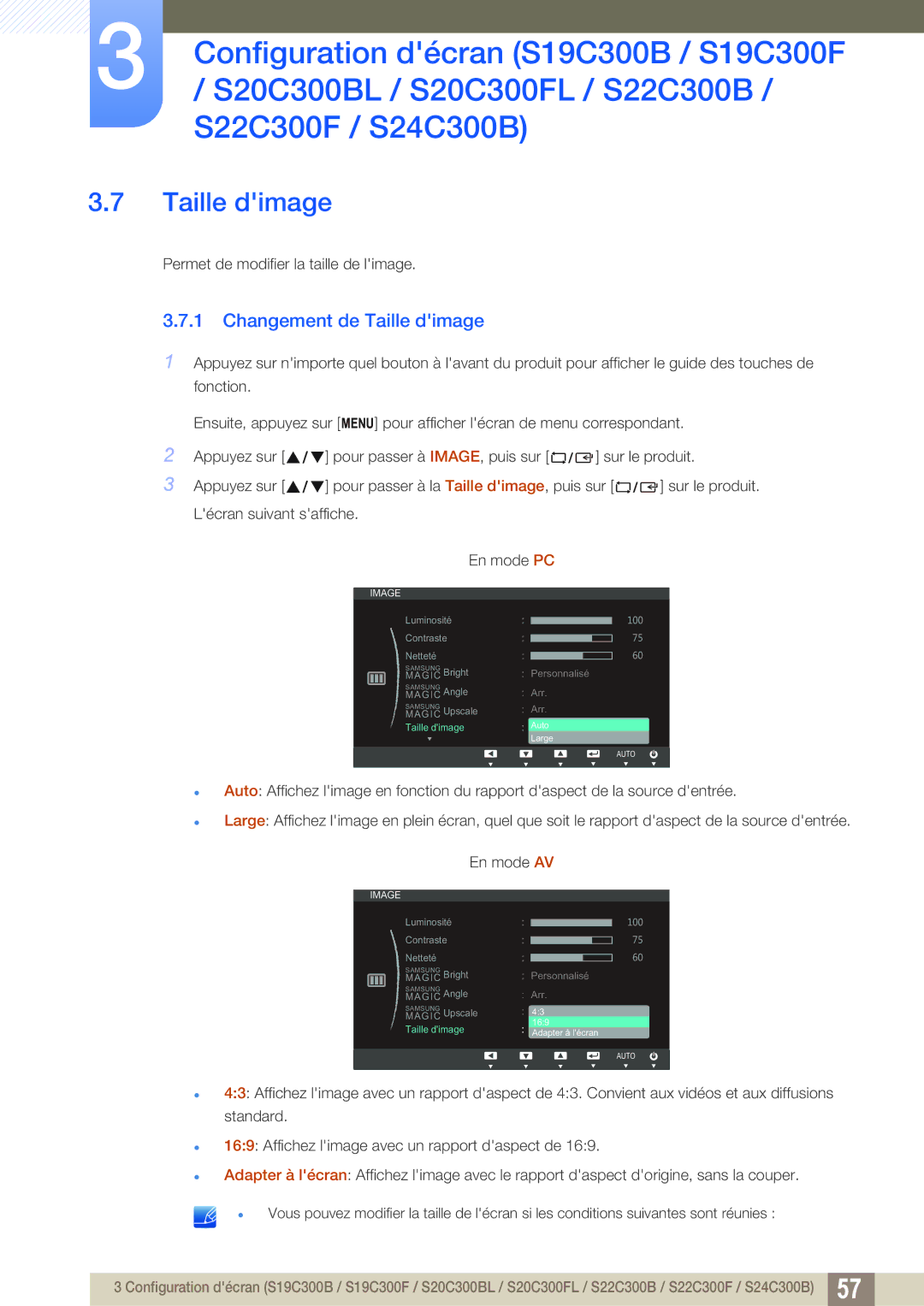 Samsung LS24C300HS/EN, LS22C300BS/EN, LS24B300HLZ/EN, LS20C300BL/EN, LS22C300HS/EN manual Changement de Taille dimage 
