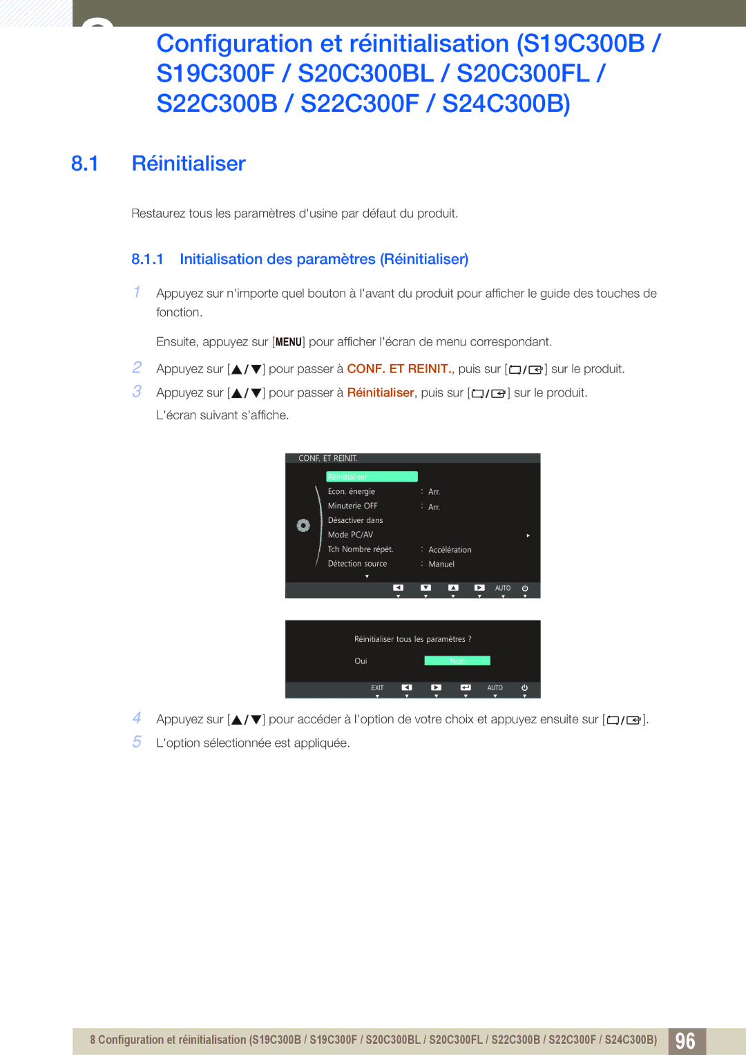 Samsung LS22C300BS/EN, LS24B300HLZ/EN, LS20C300BL/EN, LS24C300HS/EN manual Initialisation des paramètres Réinitialiser 