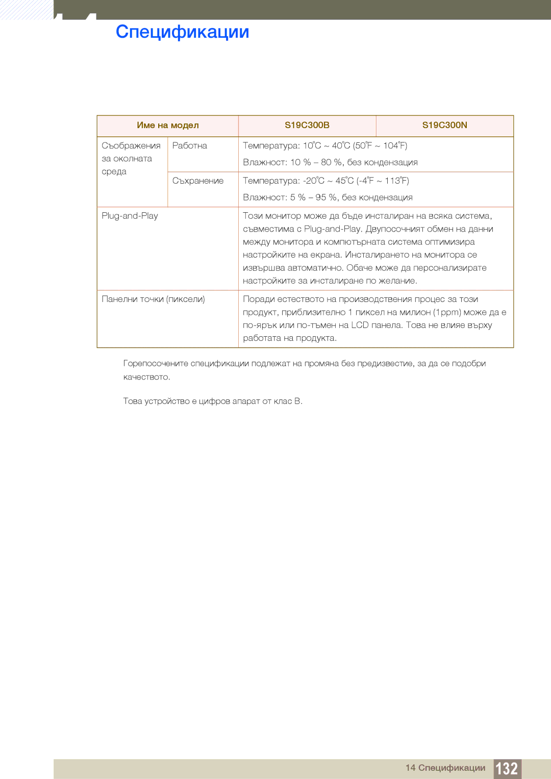 Samsung LS22C300HS/EN, LS24B300HL/EN manual 14 Спецификации 