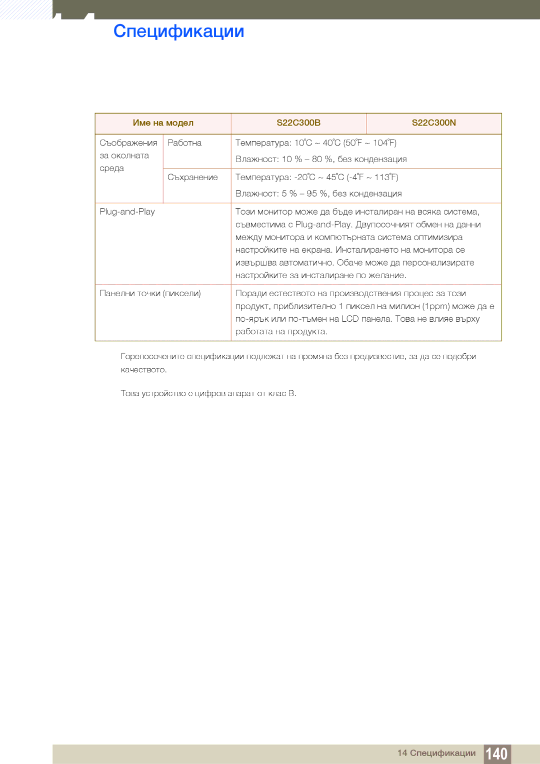 Samsung LS22C300HS/EN, LS24B300HL/EN manual 14 Спецификации 