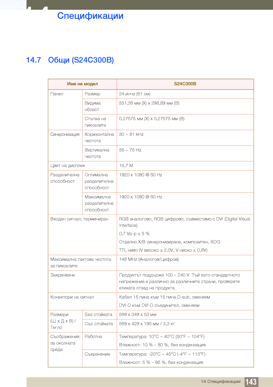 Samsung LS24B300HL/EN, LS22C300HS/EN manual 14.7 Общи S24C300B, Име на модел S24C300B 