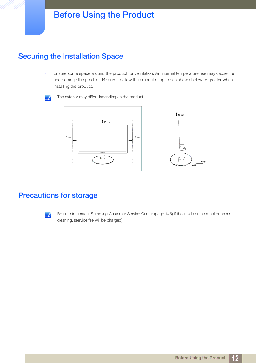 Samsung LS23C350HSMXV, LS22C350HS/EN, LS24C350HS/EN, LS23C350HS/EN Securing the Installation Space, Precautions for storage 