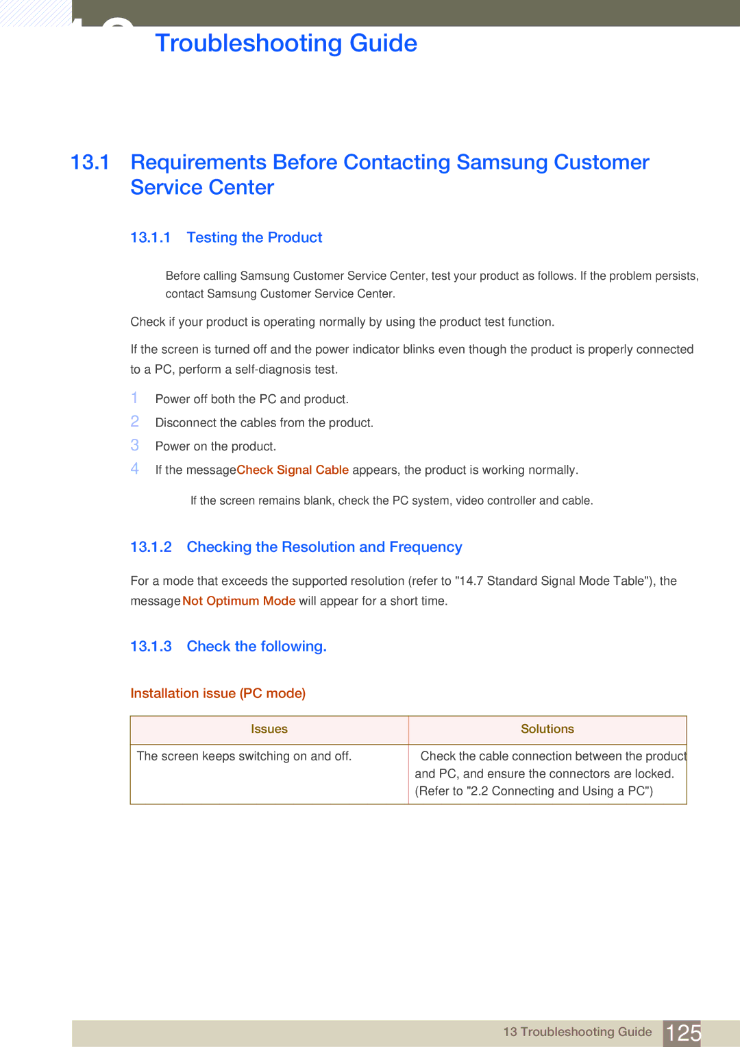 Samsung LS24C350HL/CI, LS22C350HS/EN Troubleshooting Guide, Testing the Product, Checking the Resolution and Frequency 