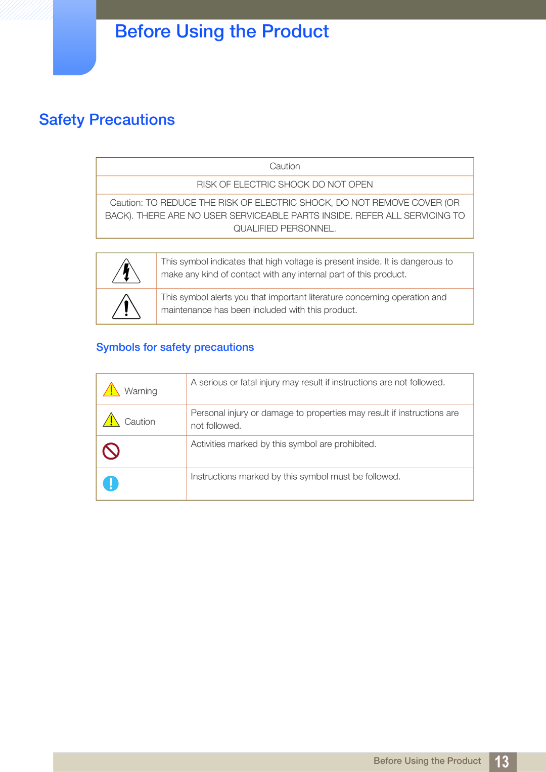 Samsung LS22D300NY/XV, LS22C350HS/EN, LS24C350HS/EN, LS23C350HS/EN manual Safety Precautions, Symbols for safety precautions 