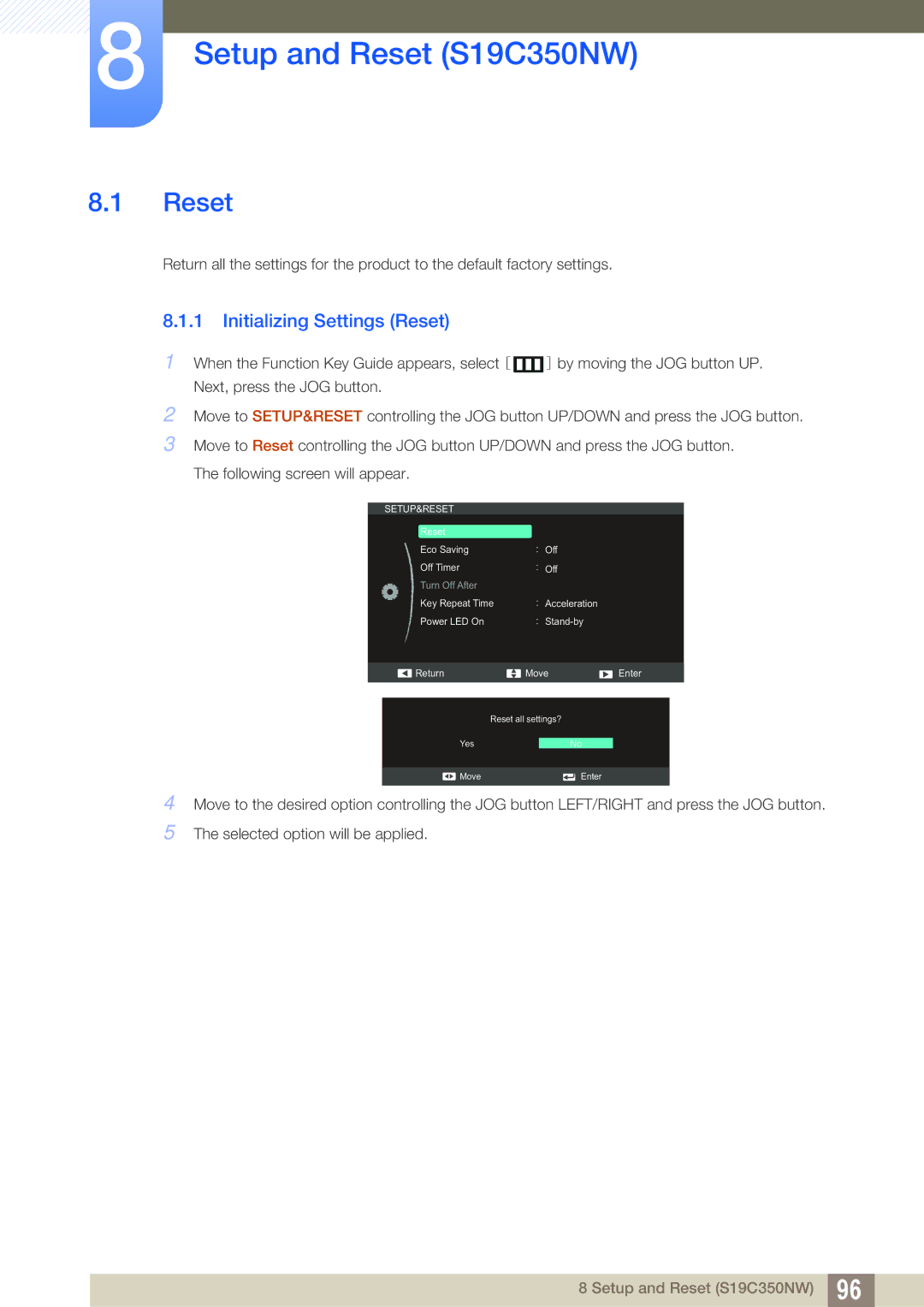 Samsung LS23C350BS/CI, LS22C350HS/EN, LS24C350HS/EN, LS23C350HS/EN Setup and Reset S19C350NW, Initializing Settings Reset 