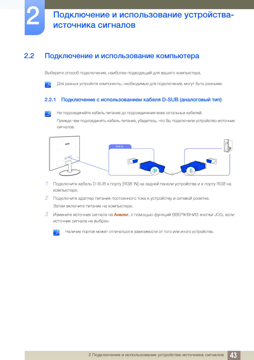 Samsung LS27C350HS/CI Подключение и использование компьютера, 1 Подключение с использованием кабеля D-SUB аналоговый тип 