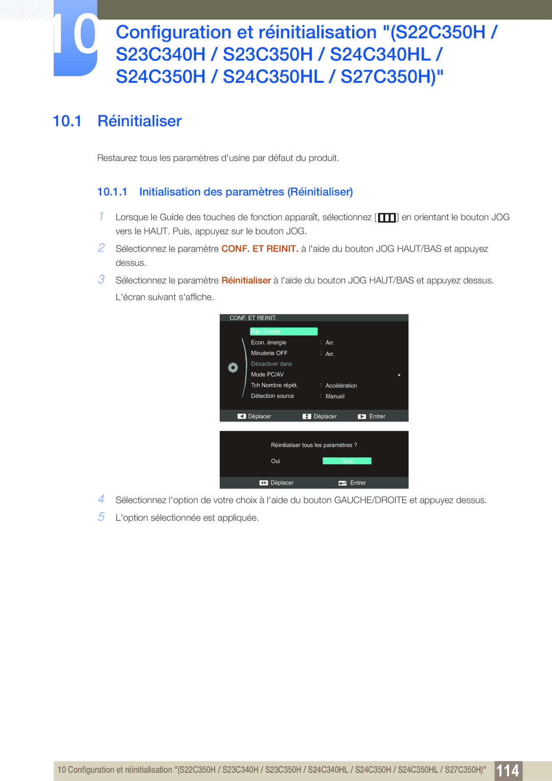 Samsung LS22D300NY/EN, LS22C350HS/EN, LS24C350HS/EN manual 10.1 Réinitialiser, Initialisation des paramètres Réinitialiser 