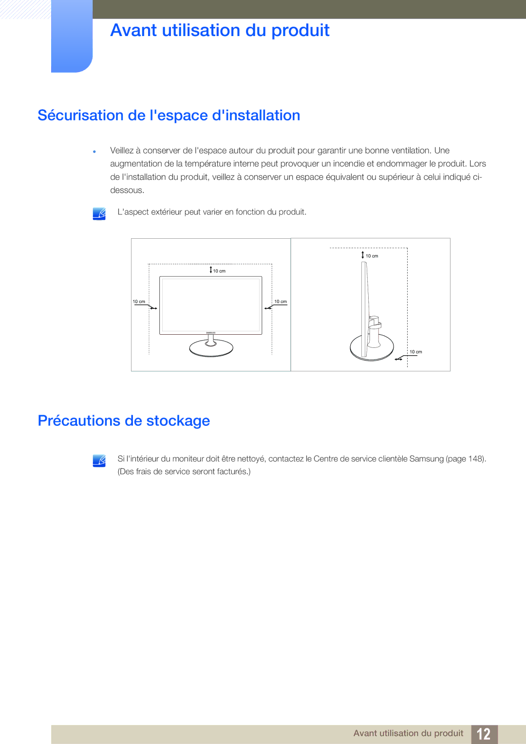 Samsung LS23C350HS/EN, LS22C350HS/EN, LS24C350HS/EN manual Sécurisation de lespace dinstallation, Précautions de stockage 