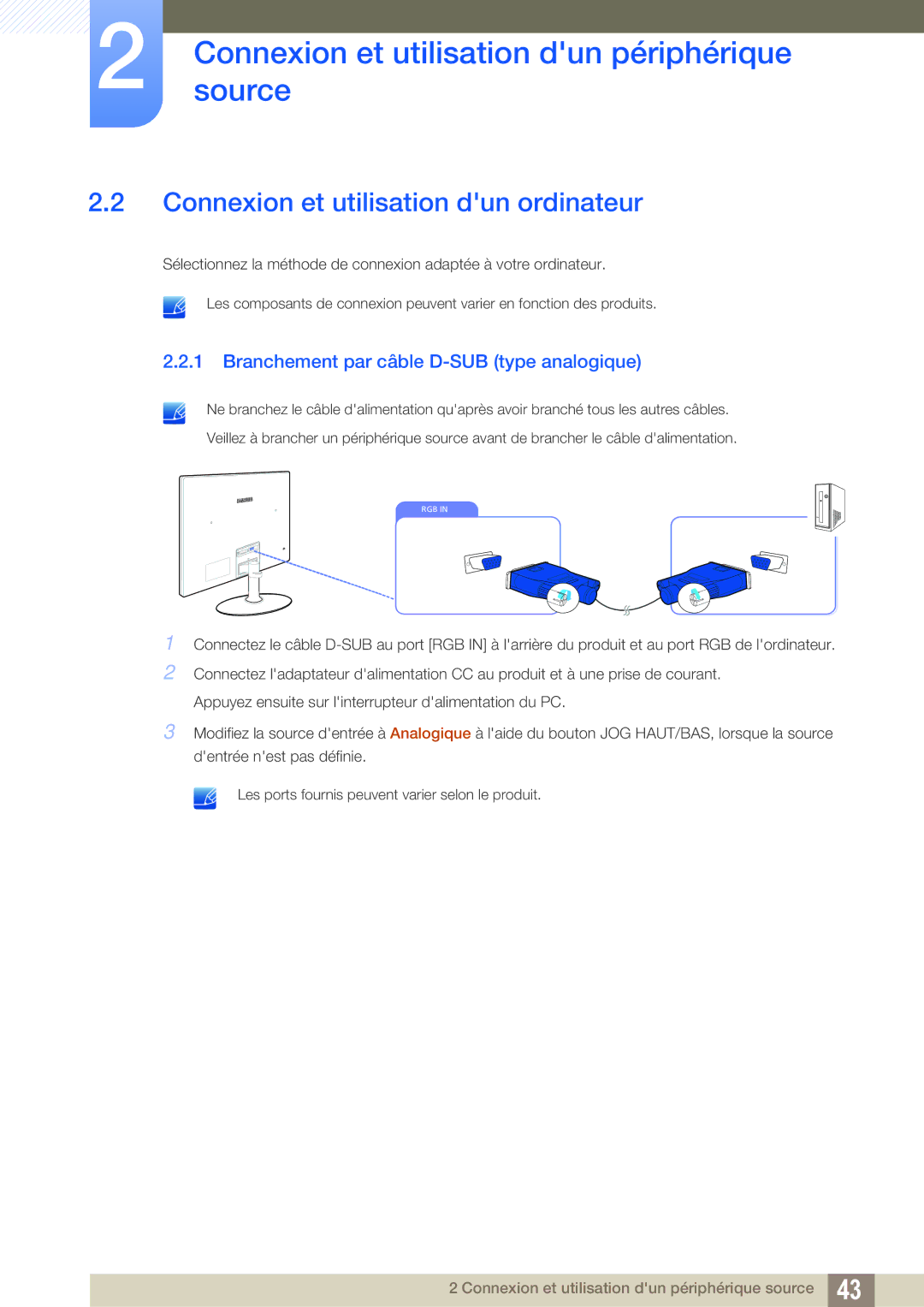 Samsung LS27C350HS/EN, LS22C350HS/EN Connexion et utilisation dun ordinateur, Branchement par câble D-SUB type analogique 