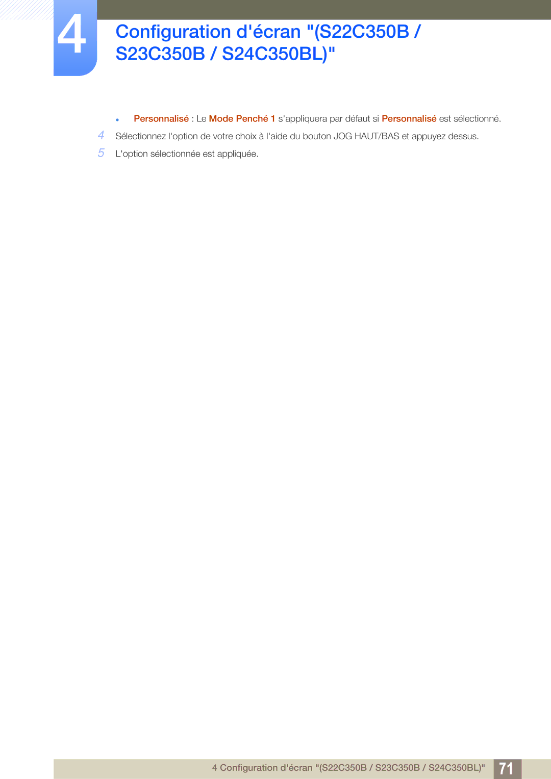 Samsung LS24C350HS/EN, LS22C350HS/EN, LS23C350HS/EN, LS27C350HS/EN manual Configuration décran S22C350B / S23C350B / S24C350BL 